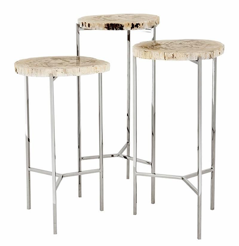 Side Tables Set of Three with Stainless Steel Structure and Petrified Wood Top