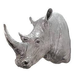 Real Head Print of Rhinoceros from Africa Sculpture in Resin Silver Finish. SOLD