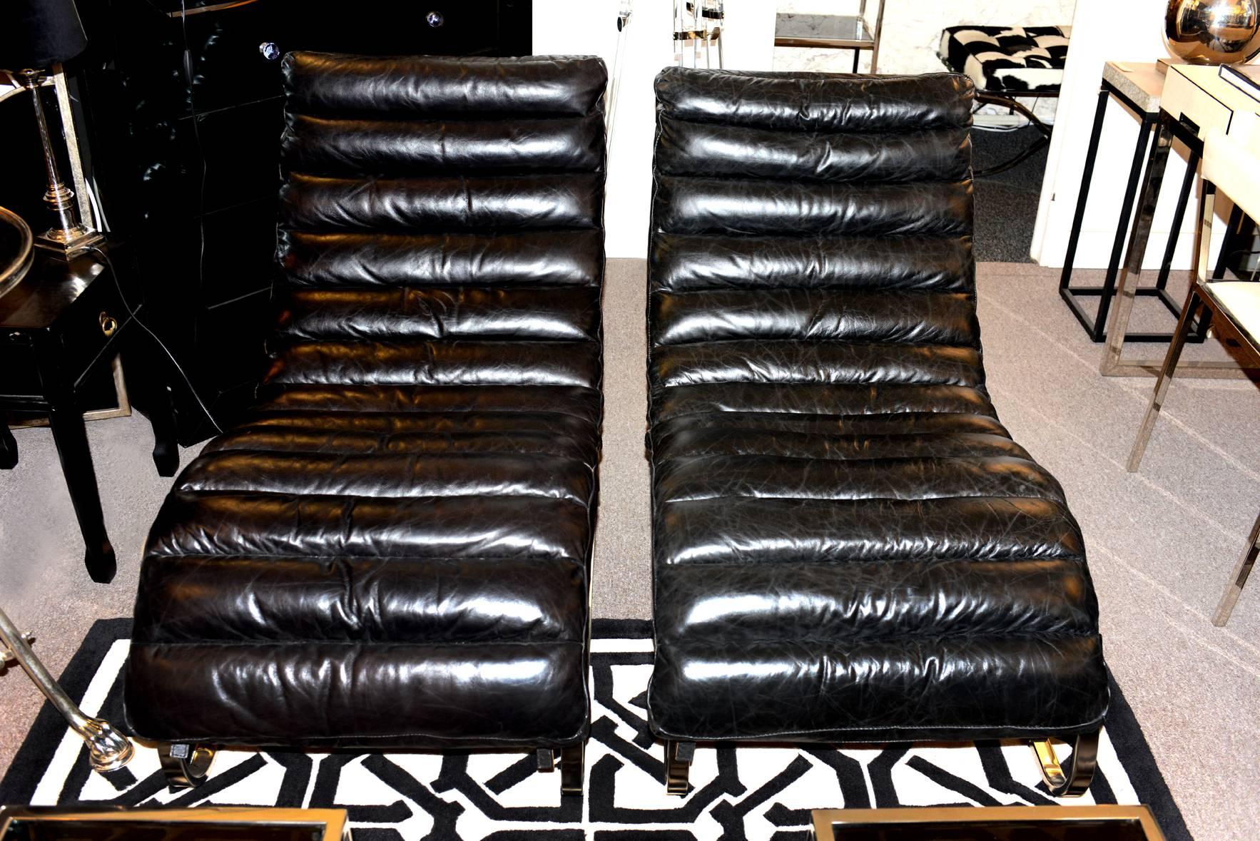 Italian Daybed Lounge Chair in Black Genuine Leather