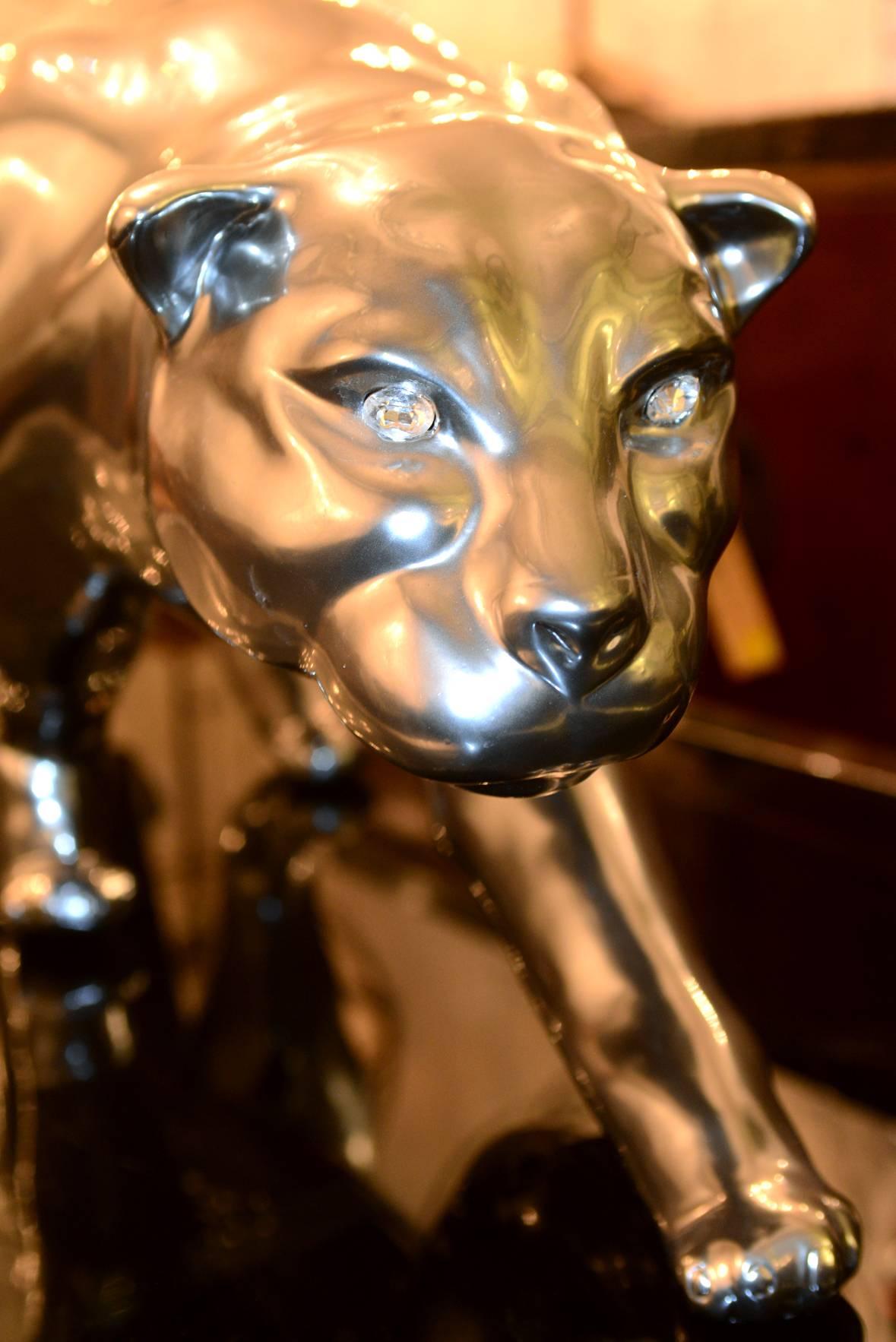 French Panther Sculpture Resin in Metal Matt Finish Eyes in SWAROVSKI Crystal For Sale