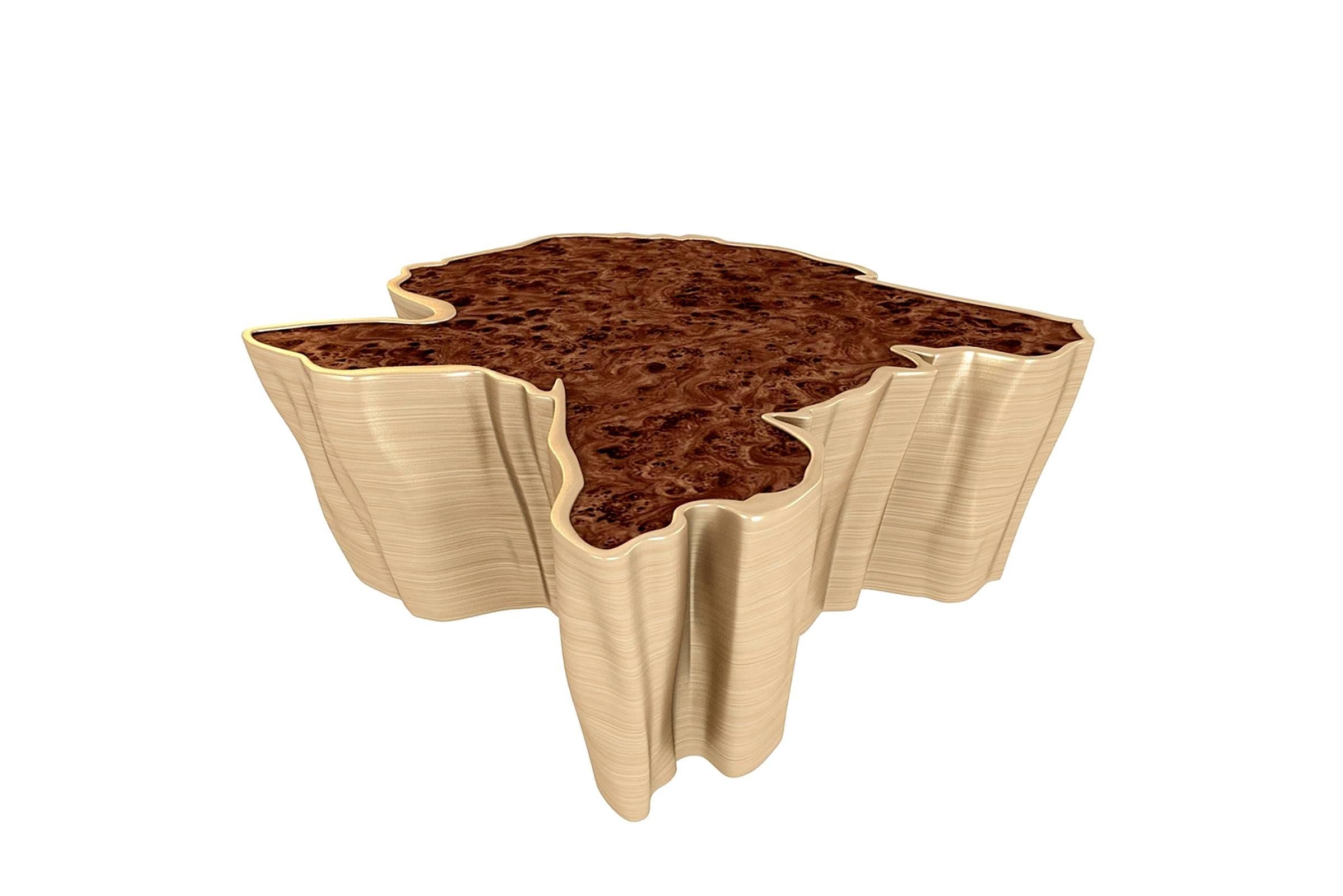 Brushed Coffee Table Walnut Top in Walnut Root Veneer with Matte Finish For Sale