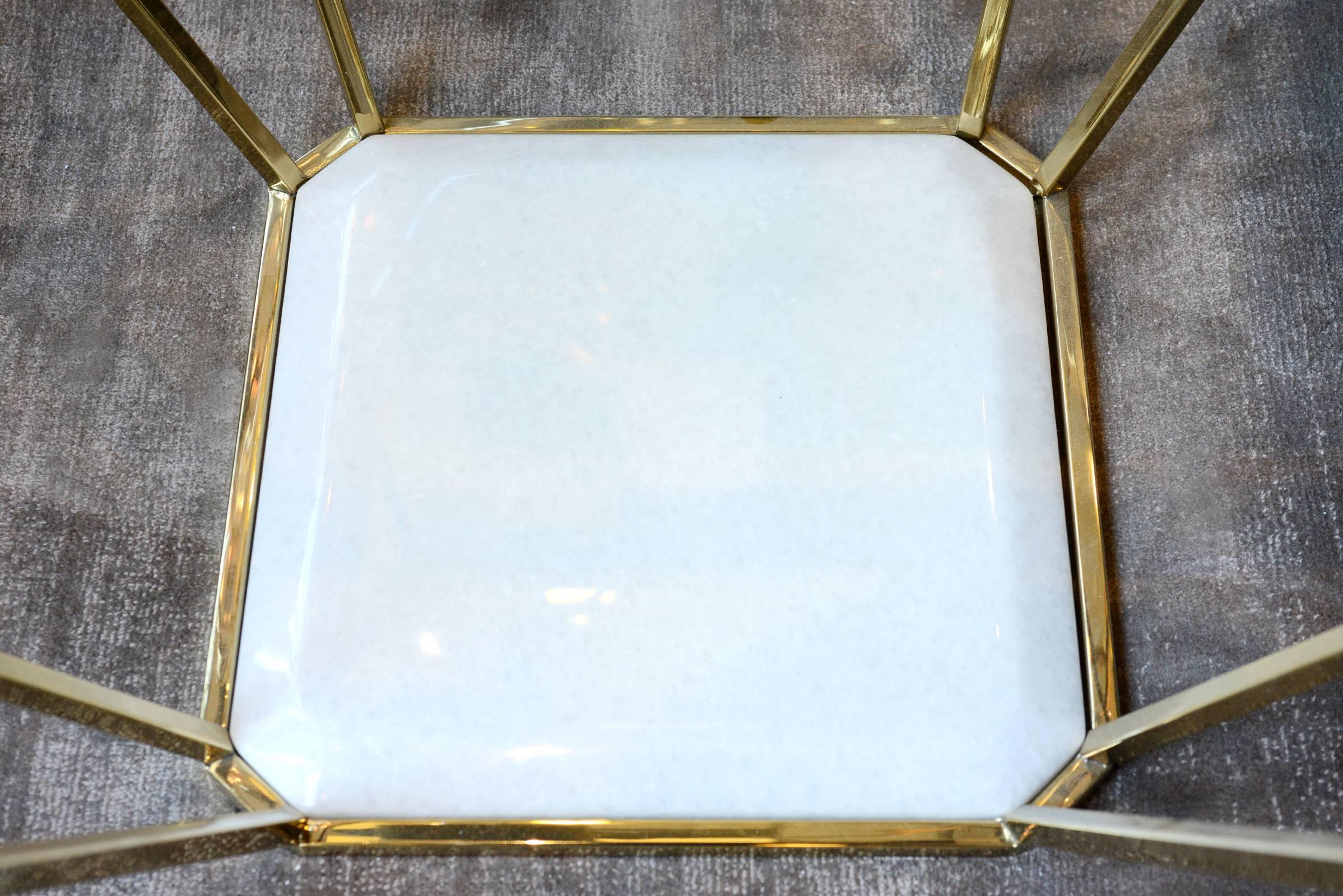Chinese Diamond Side Table in Gold Finish with Tempered Clear Glass Top and Marble Base