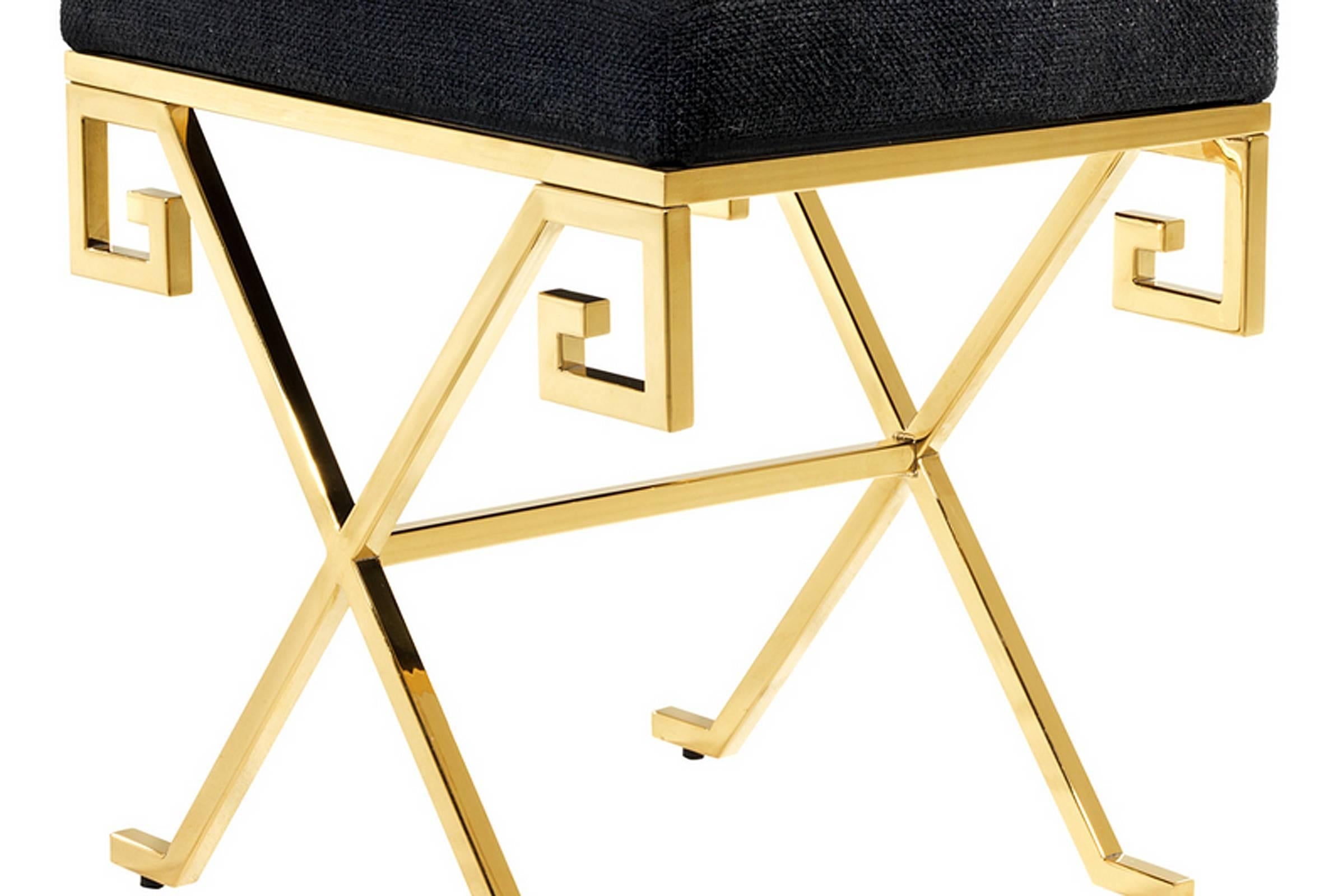 Square stool with gold finish or polished stainless steel 
structure. Seat Panama fabric. Made in 2016.
