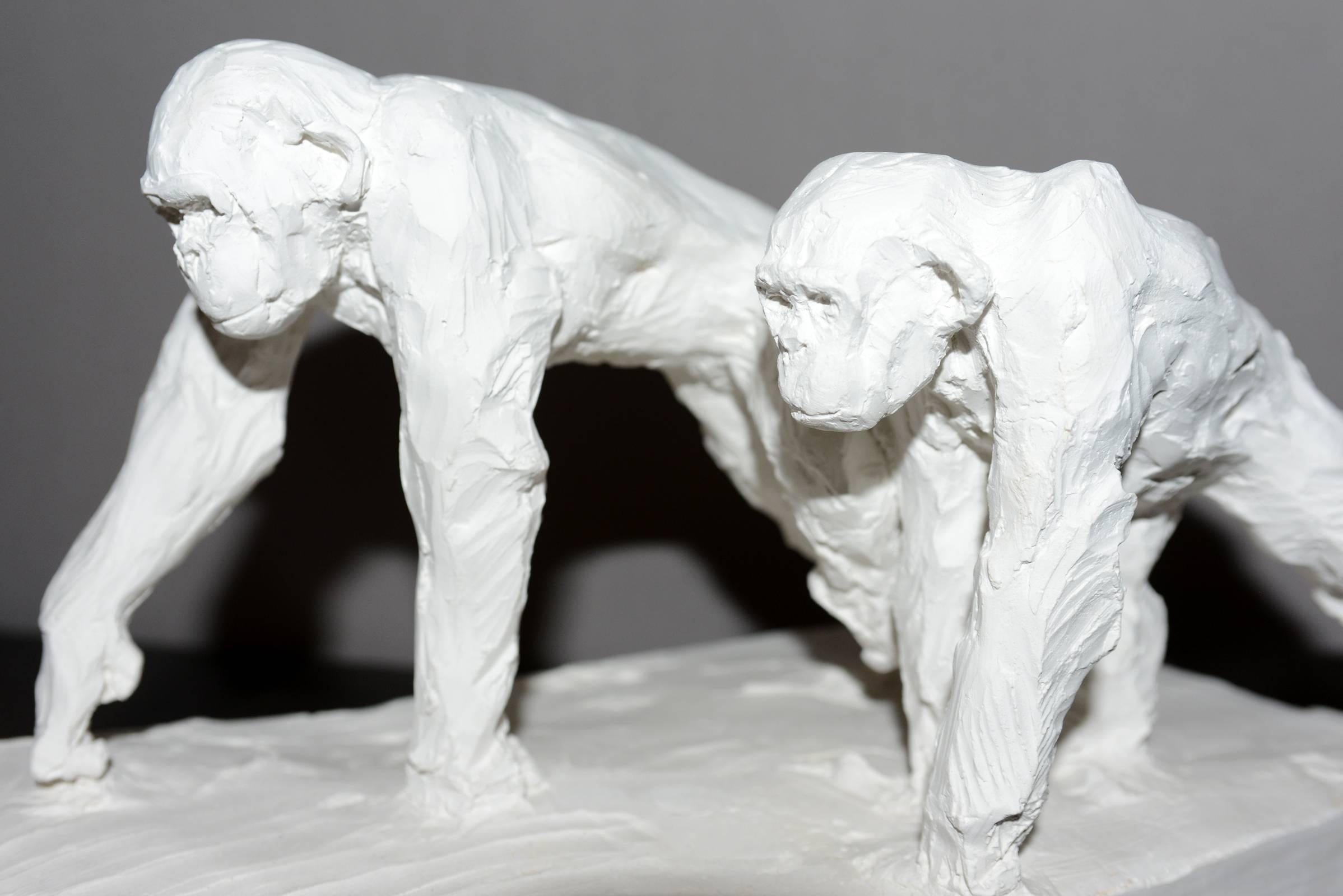 Contemporary Sculpture Double Chimpanzee in Plaster Limited Edition 30/50 by J.B Vandame 2015