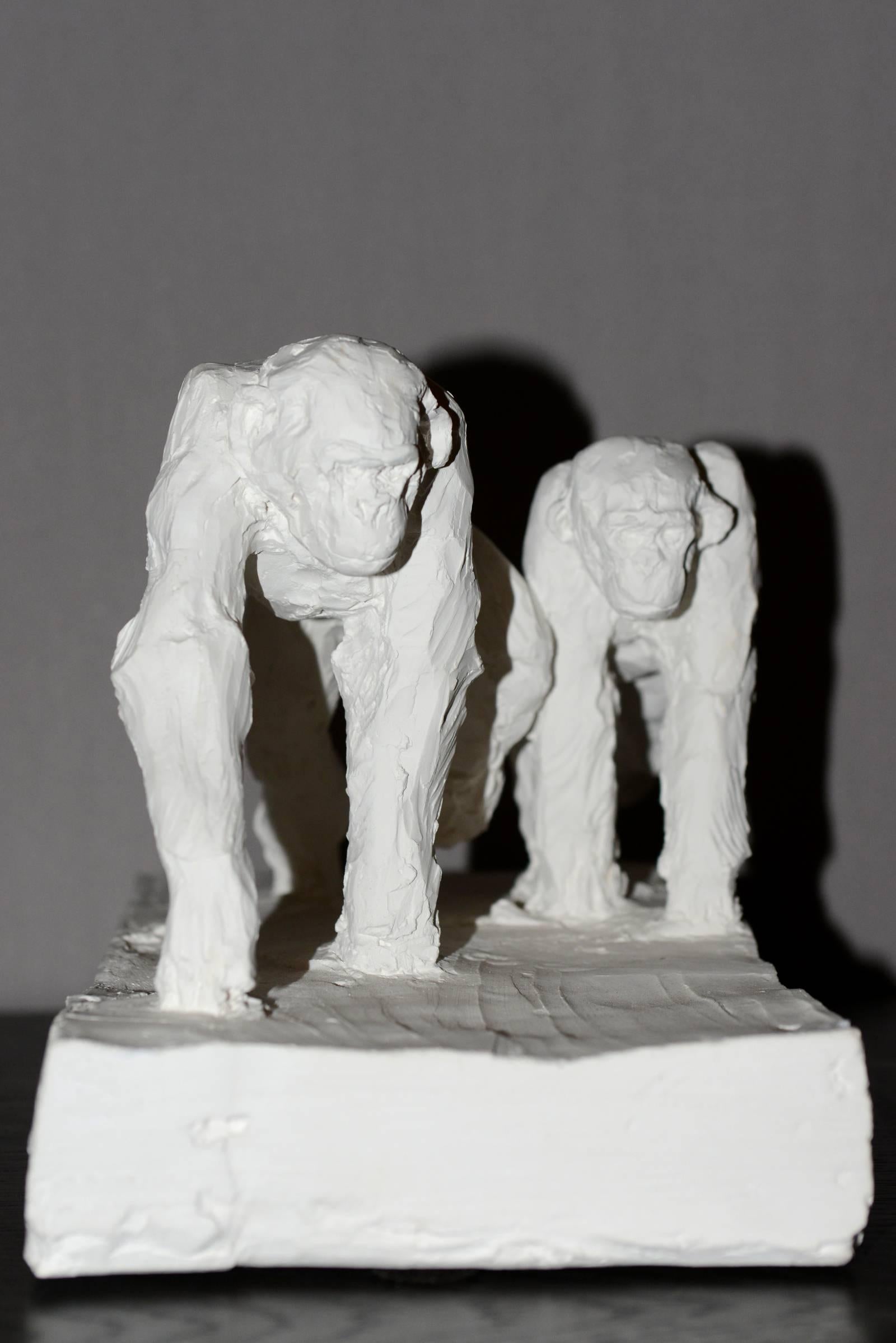 French Sculpture Double Chimpanzee in Plaster Limited Edition 30/50 by J.B Vandame 2015