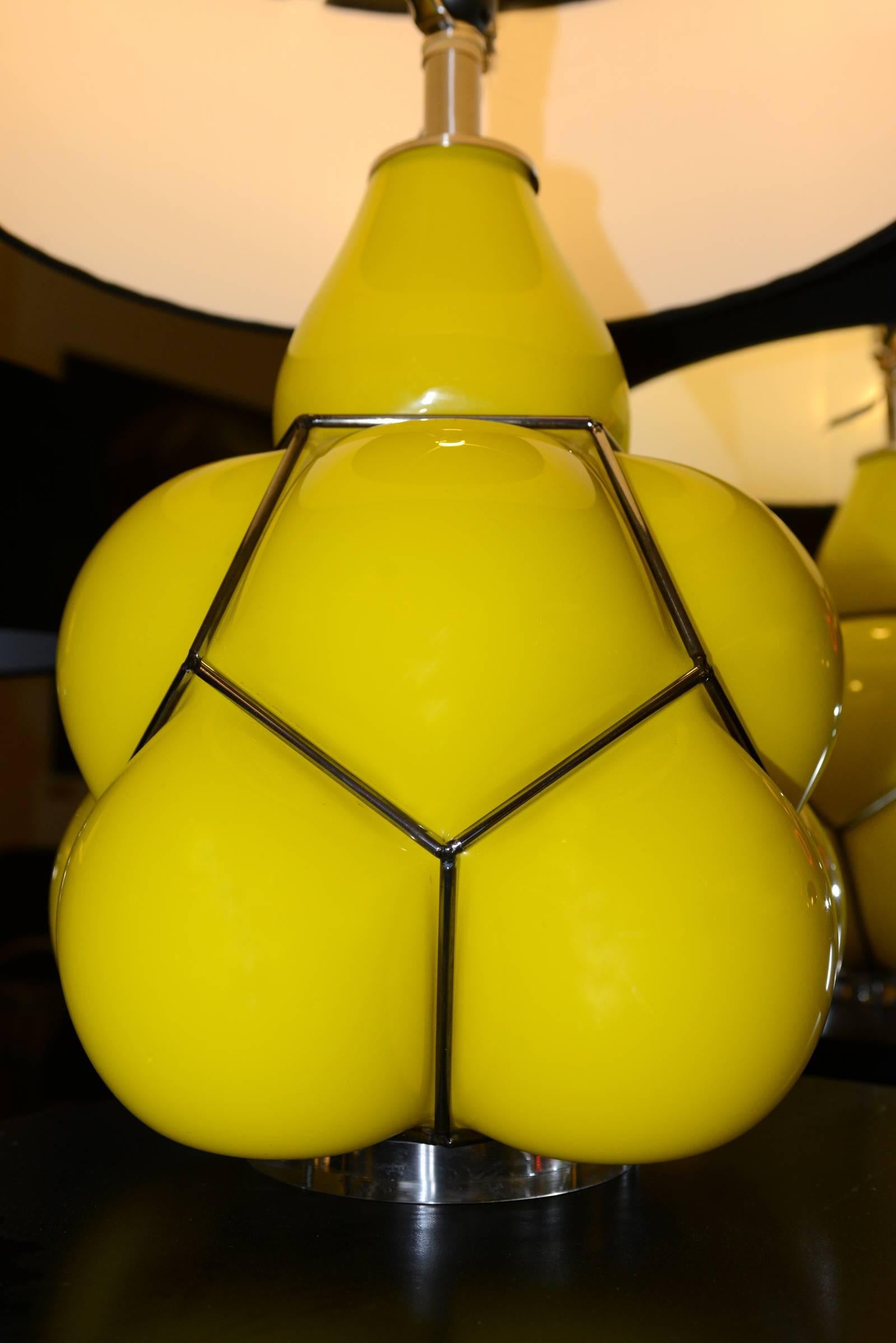 British Table Lamp Yellow Set of Two in Glass with Black Lampshade