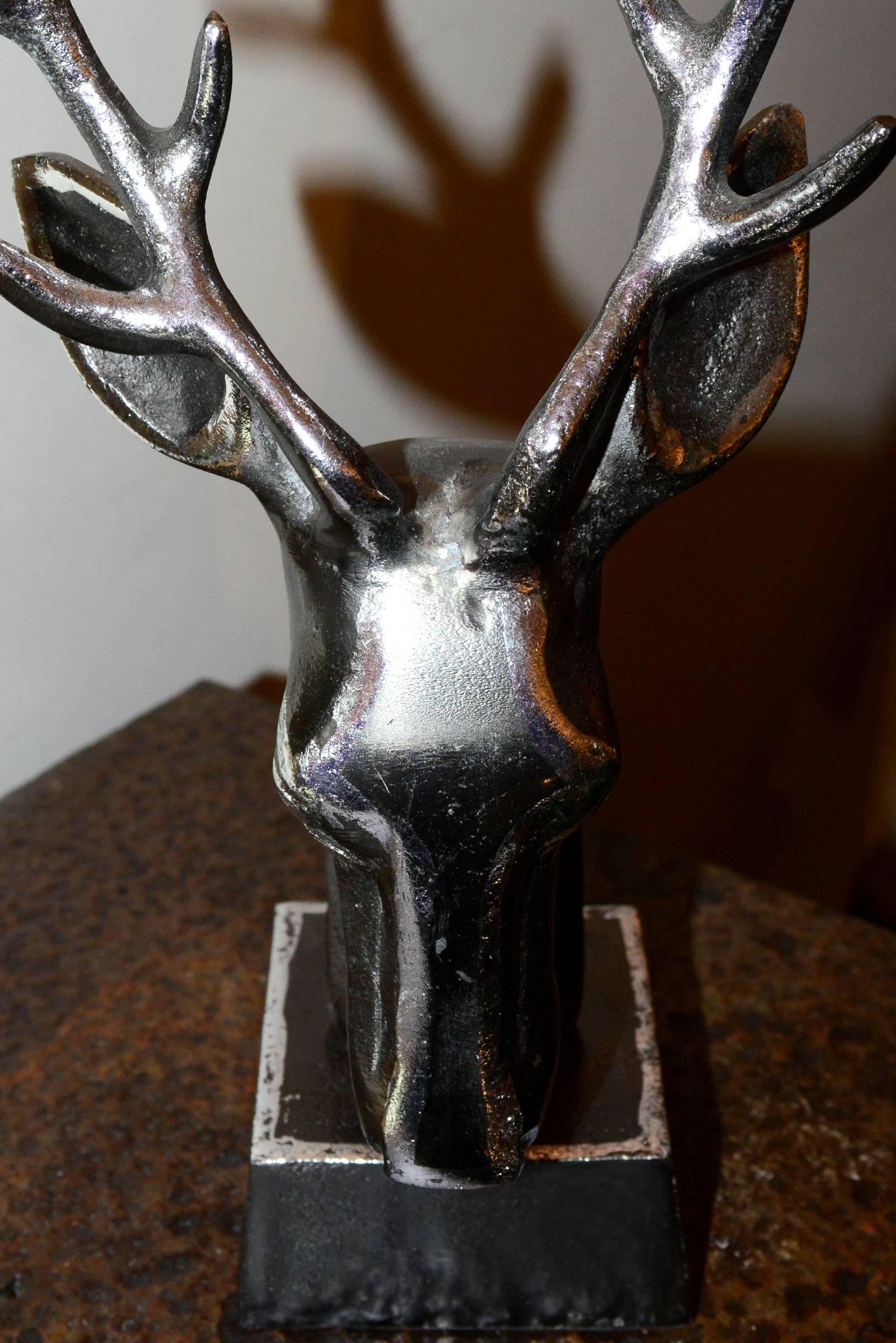 French Trophy Dear Hunter in Iron on Base For Sale