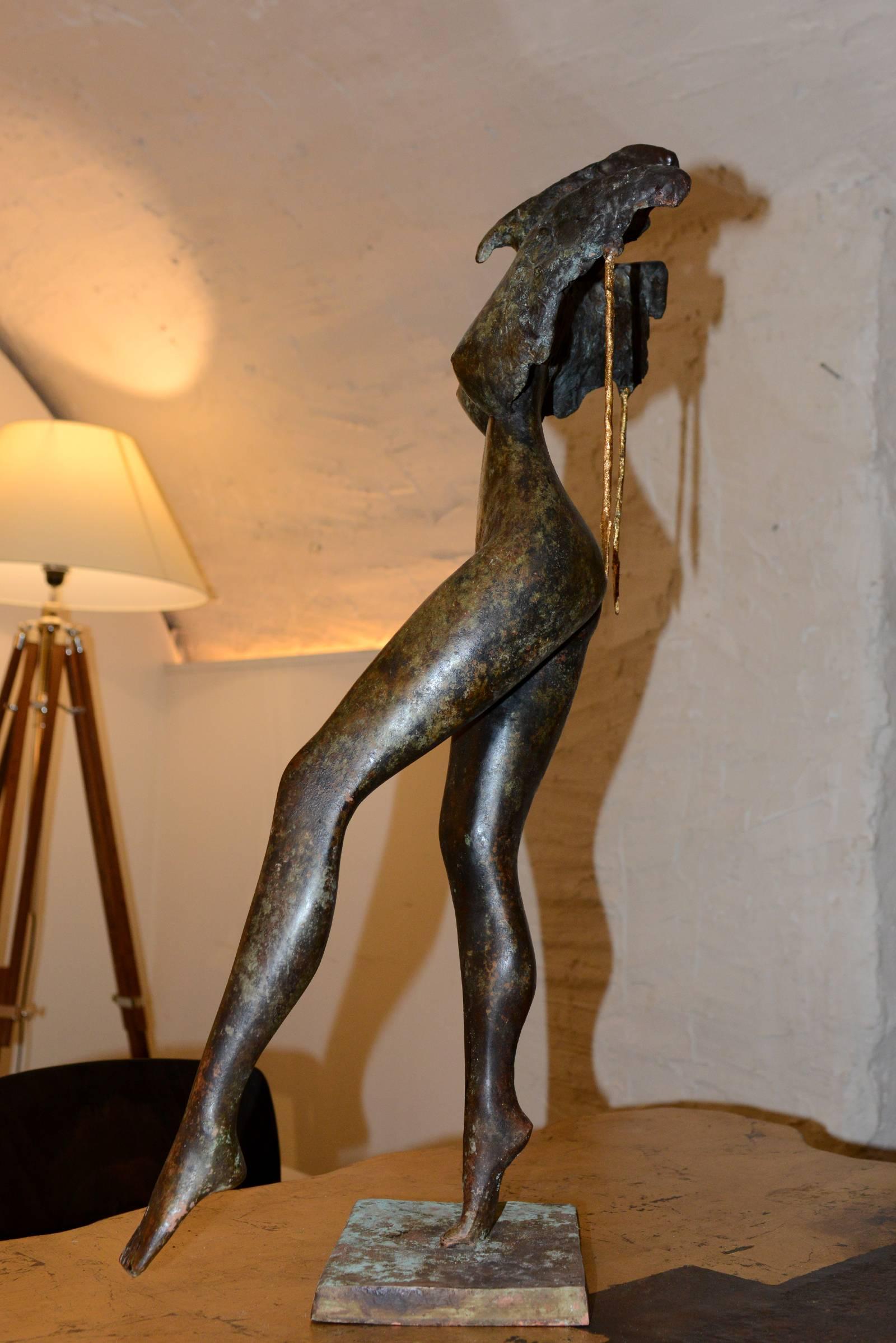 French Sculpture Woman with Cock Head in Bronze For Sale