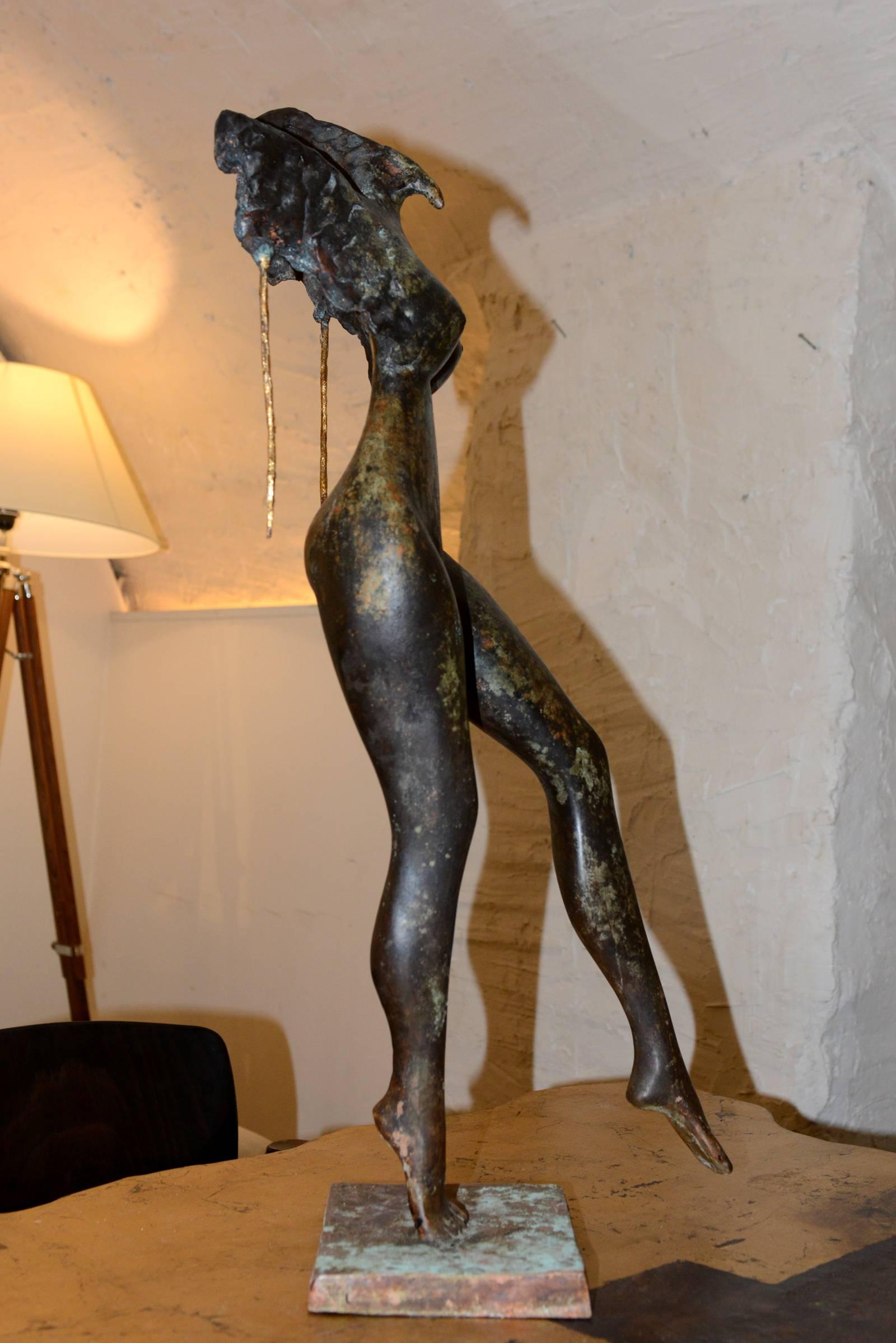 Hand-Crafted Sculpture Woman with Cock Head in Bronze For Sale