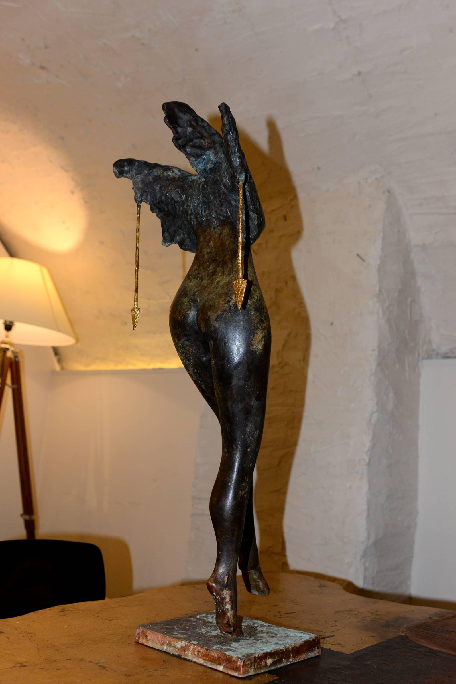 Contemporary Sculpture Woman with Cock Head in Bronze For Sale