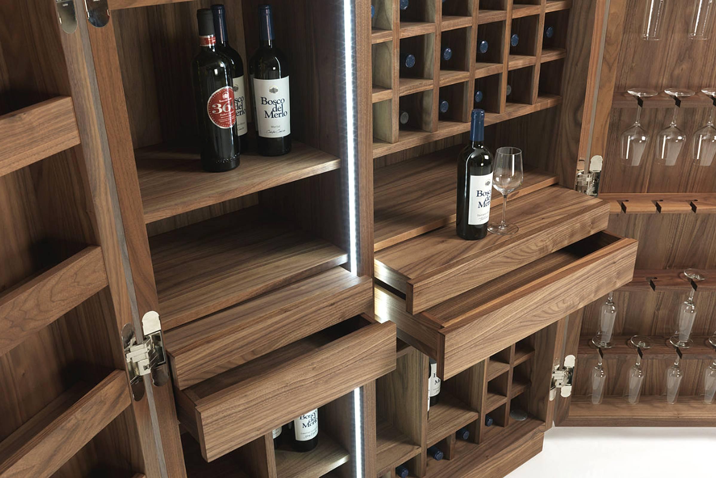 Contemporary Cabinet Wine Storage in Solid Walnut Wood 56 Bottles Rack For Sale