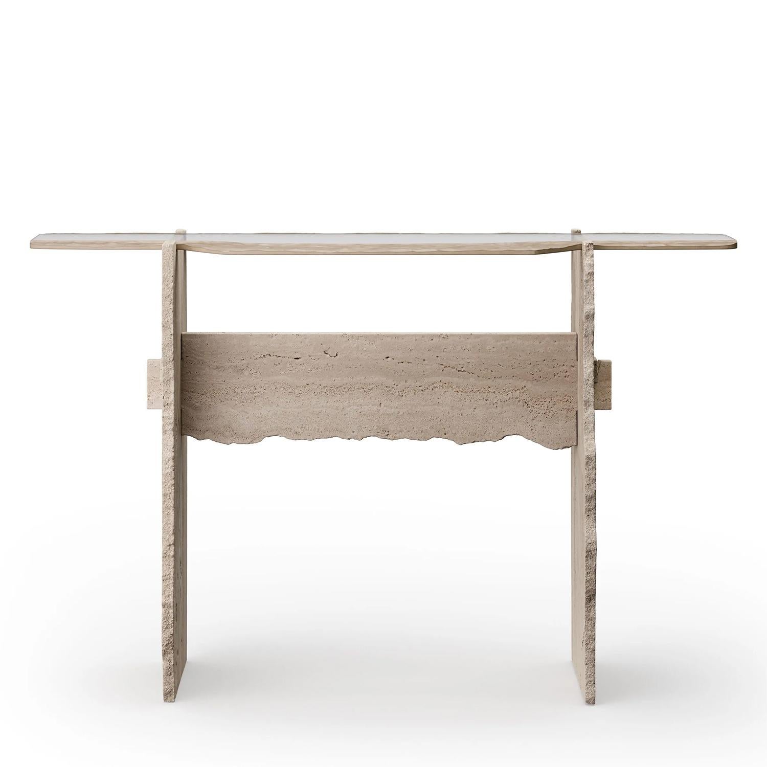 Console Table Careletto Travertine with clear glass
 with crackeled bronzed pattern each side and with
travertine base with 1 irregular edge on each part of
the base.