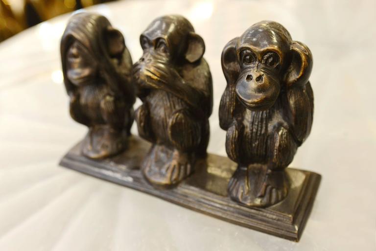 Monkeys on Base Sculpture in Vintage Brass Finish For Sale at 1stDibs