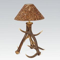Three Antlers Table Lamp with Partridge Feather Lamp Shade