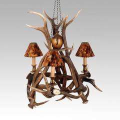 Three Antlers Chandelier, Vintage Brass Finish, Three Partridge Feather Shades