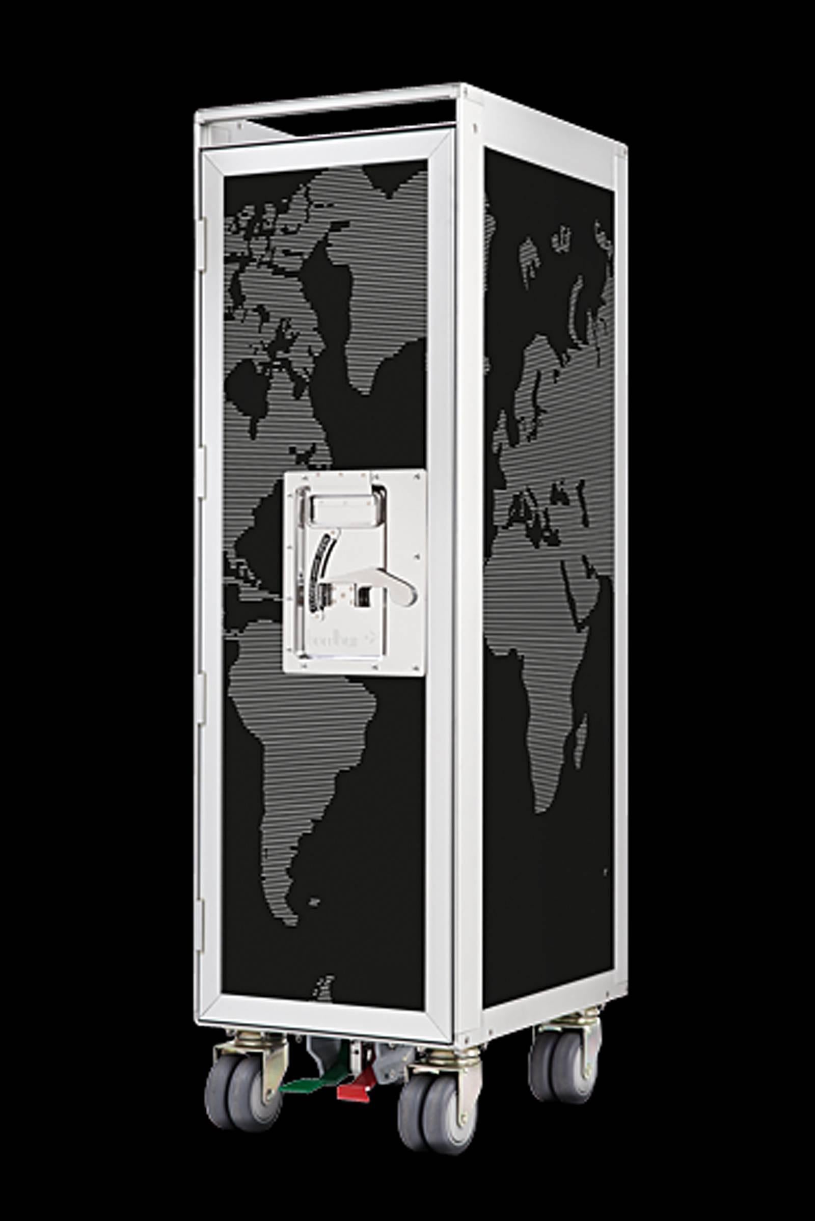 Aircraft bar trolley world black, unique design, with world map.
Available on black or white background, trolley on wheels.
With 1 drawer  in anodized aluminium and with 3 shelves 
in aluminium dibond compound material included.
Trolley Airport