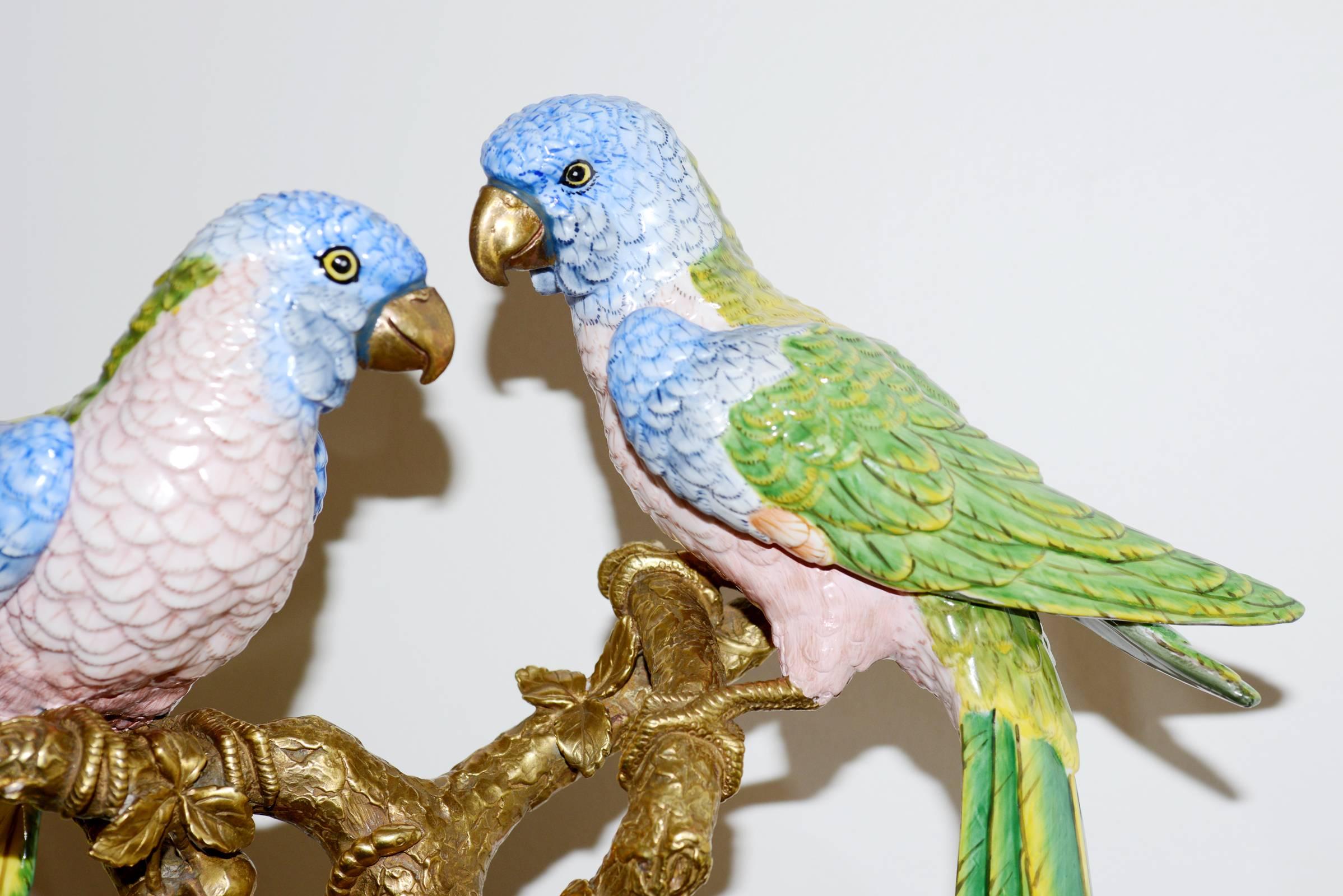 Parrot Couple Sculpture in Solid Porcelain Hand-Painted Finish and Solid Bronze For Sale 3