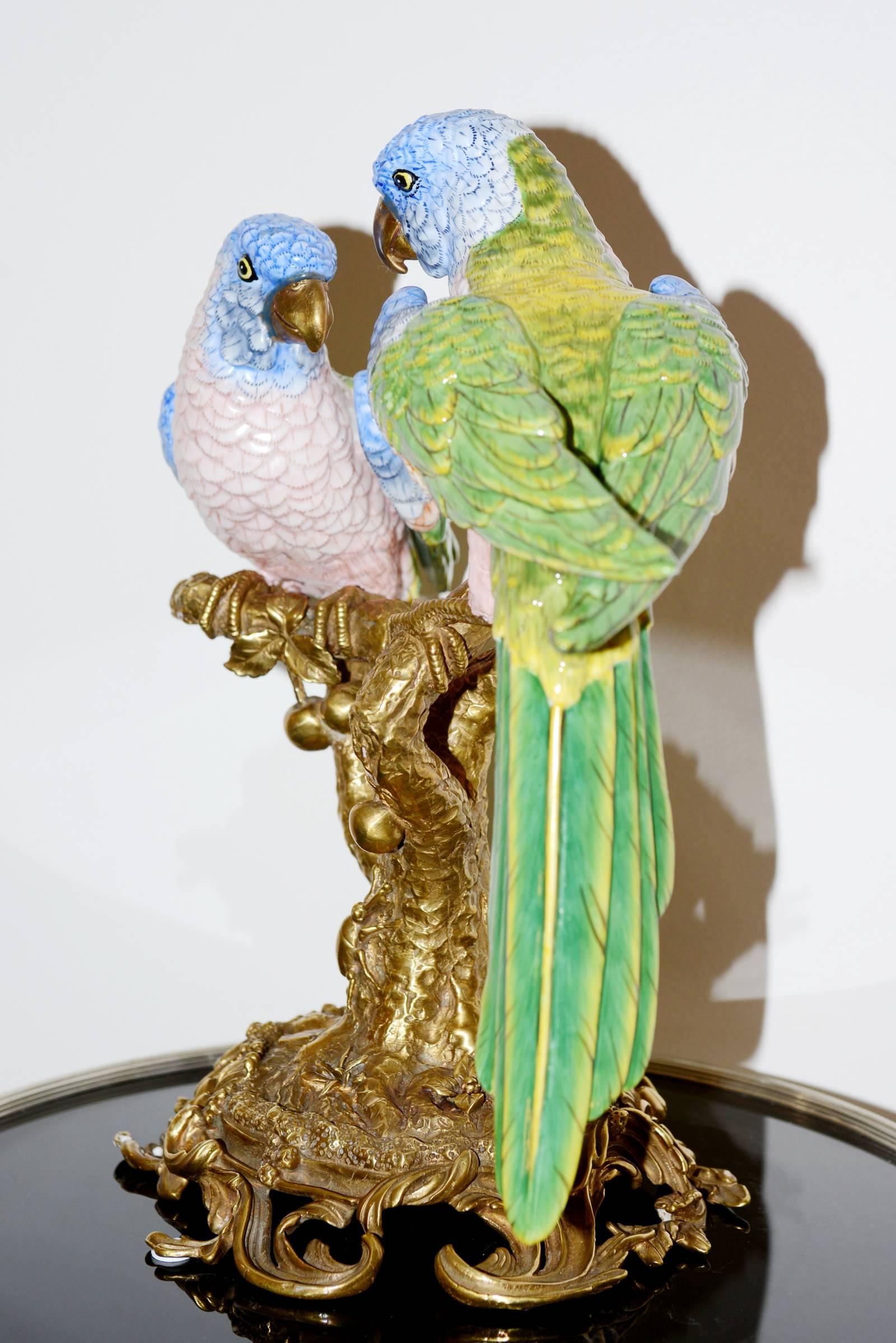 Parrot Couple Sculpture in Solid Porcelain Hand-Painted Finish and Solid Bronze In Excellent Condition For Sale In Paris, FR