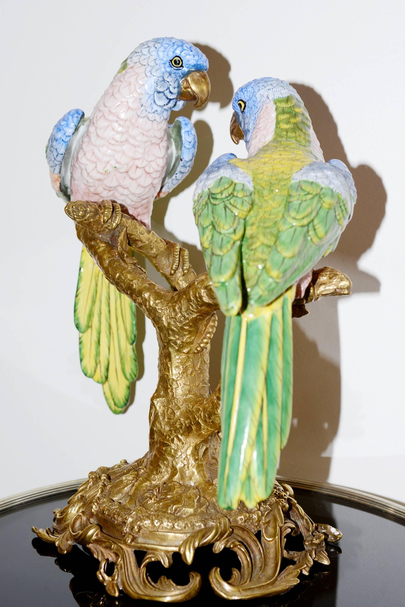 French Parrot Couple Sculpture in Solid Porcelain Hand-Painted Finish and Solid Bronze For Sale