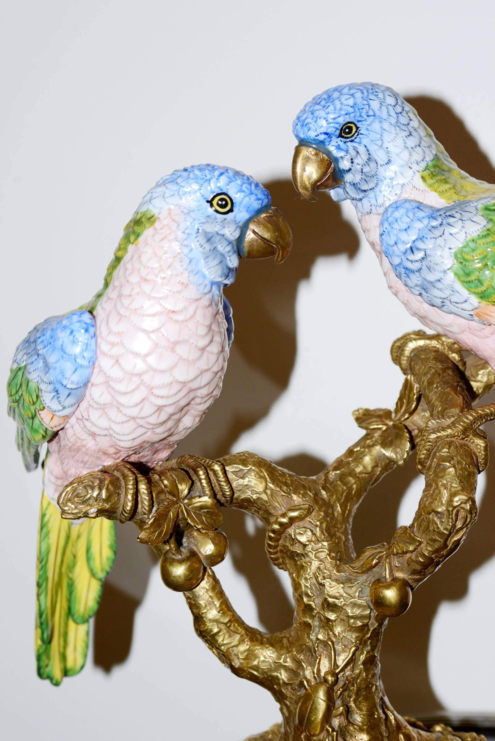 Parrot Couple Sculpture in Solid Porcelain Hand-Painted Finish and Solid Bronze For Sale 2