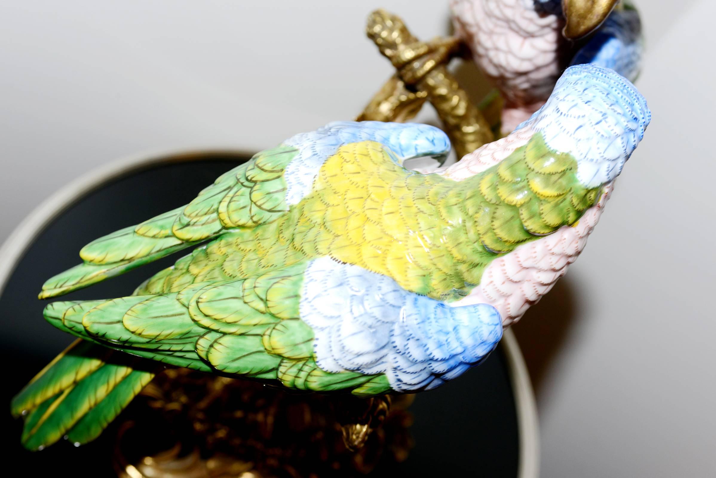 Parrot Couple Sculpture in Solid Porcelain Hand-Painted Finish and Solid Bronze For Sale 4