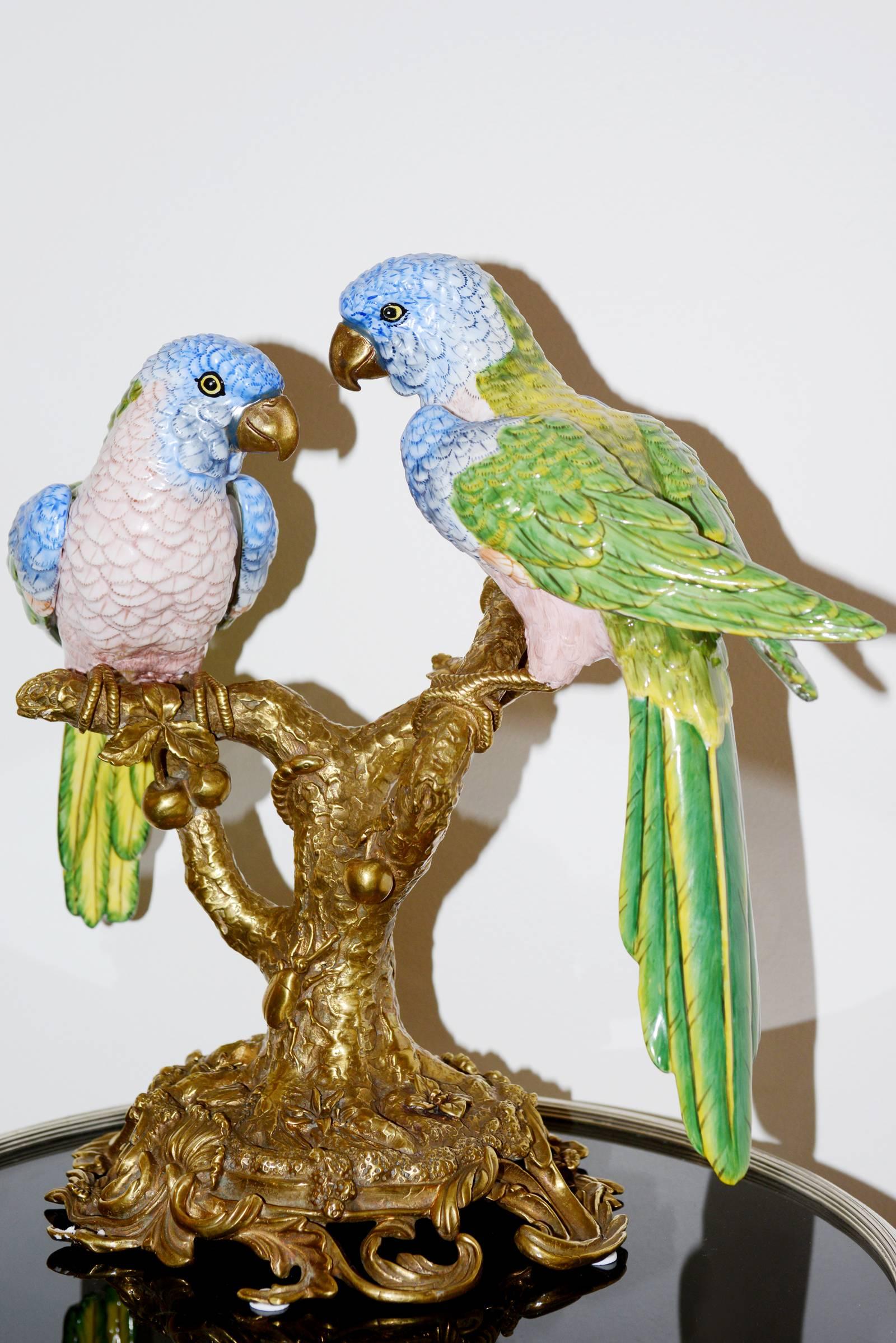 Contemporary Parrot Couple Sculpture in Solid Porcelain Hand-Painted Finish and Solid Bronze For Sale