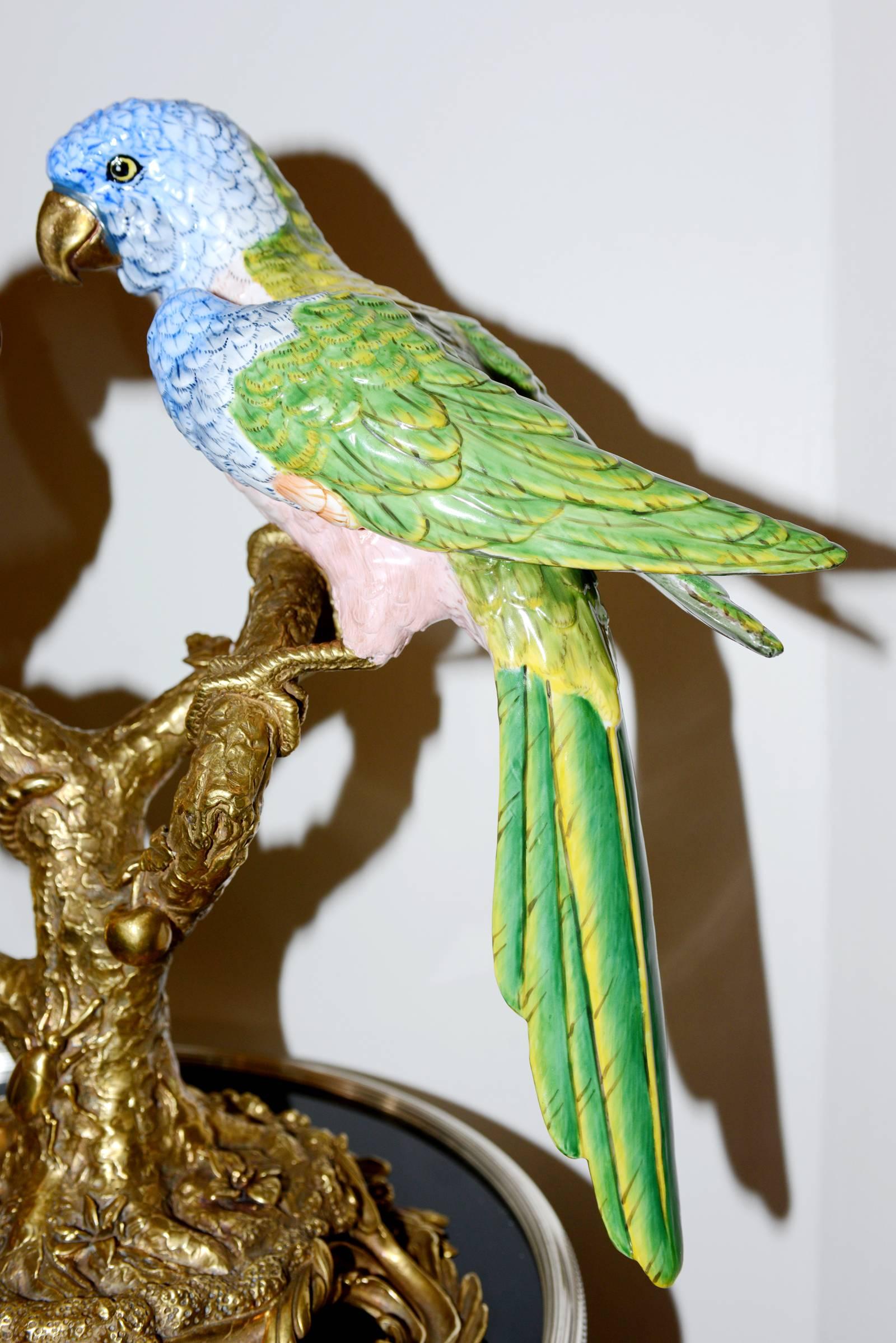 Parrot Couple Sculpture in Solid Porcelain Hand-Painted Finish and Solid Bronze For Sale 1