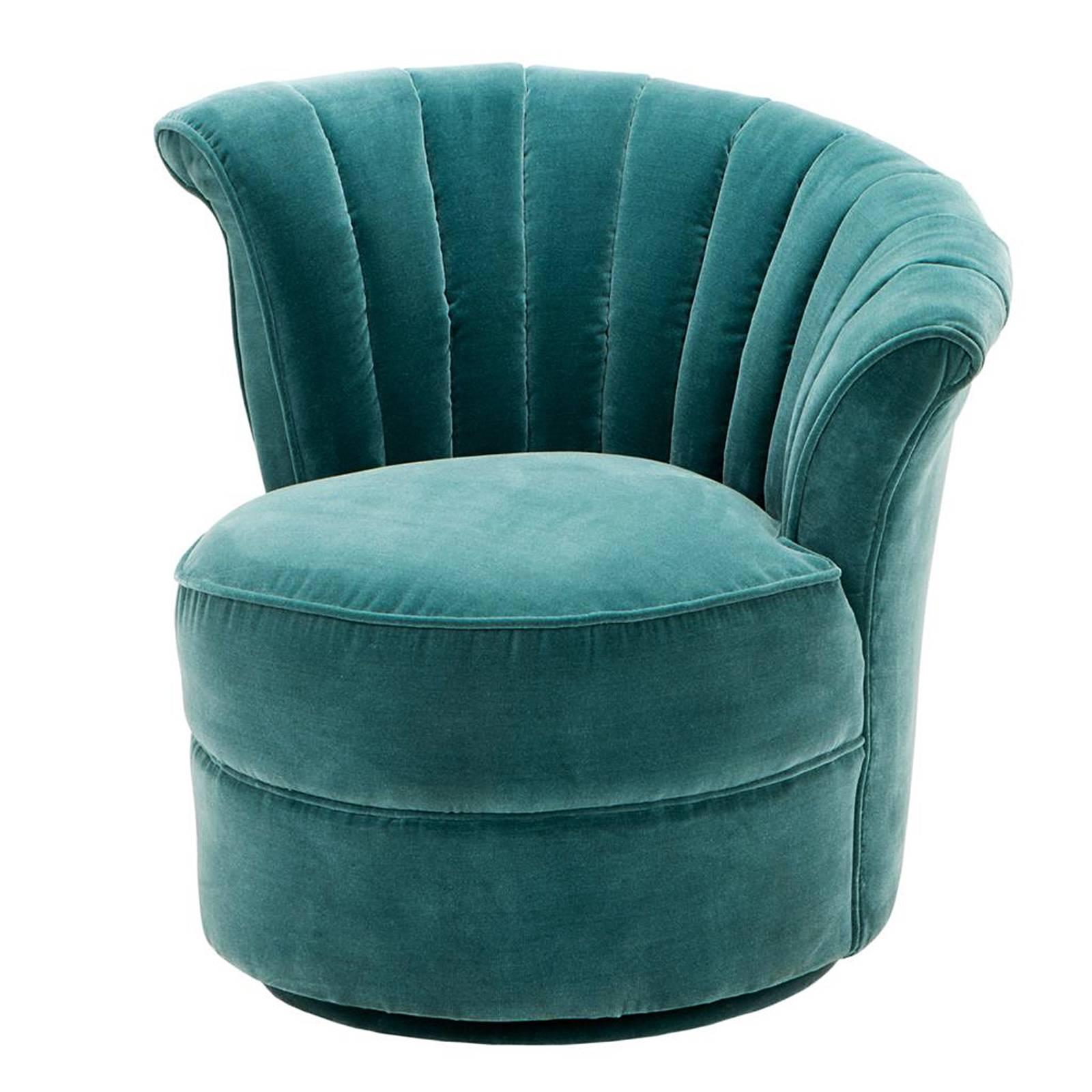 Wing chair right with turquoise velvet fabric
with fire retardant treatment. Structure in 
solid wood. On swivel base.
Also available in black velvet fabric.
Also available in chair left.
