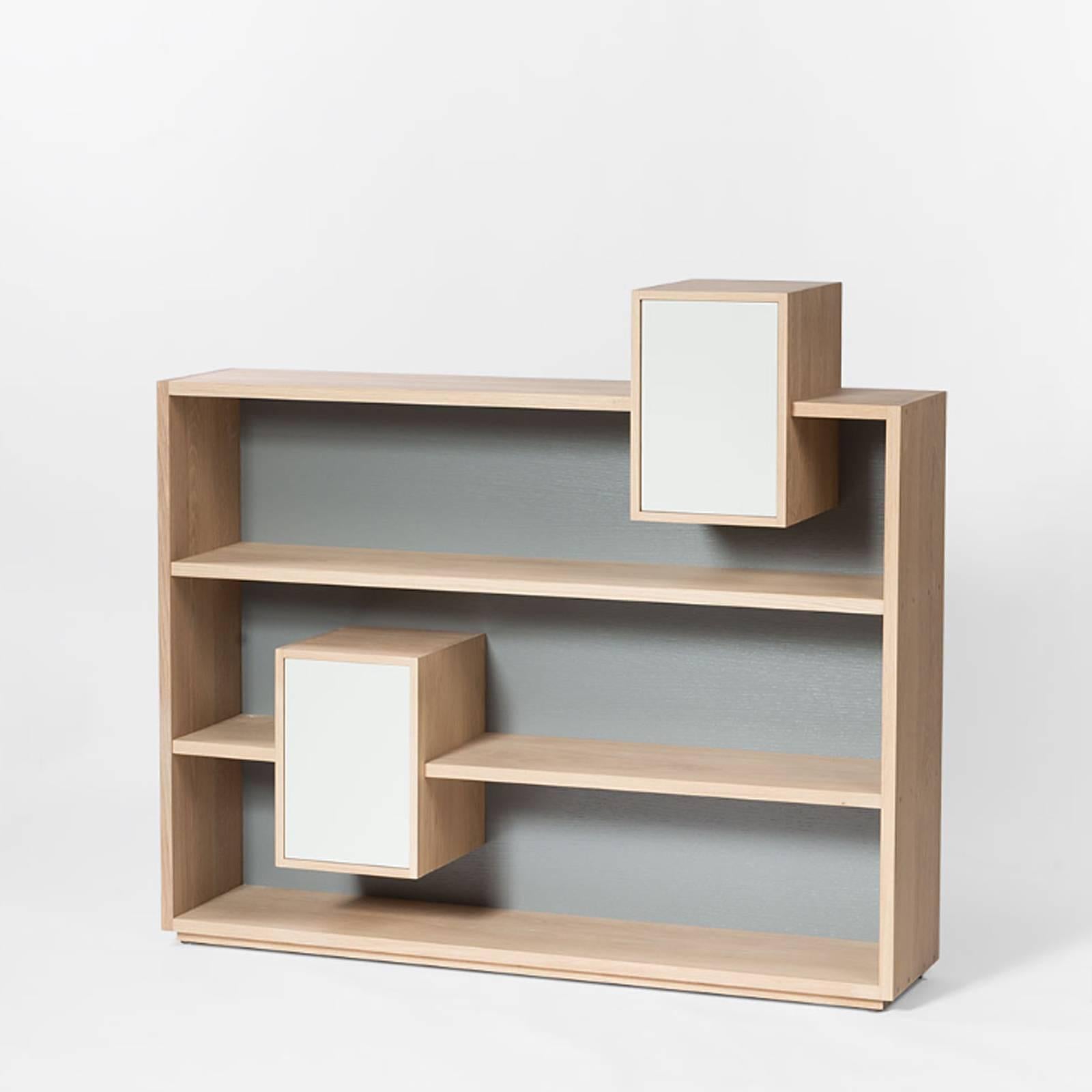 Shelve functional 100% solid French raw oak, from sustainable
forests, France. With grey back and two white doors. Back and 
doors colors can be selected in different colors, on request. 
From Anjou in France.
Available in raw oak, price: