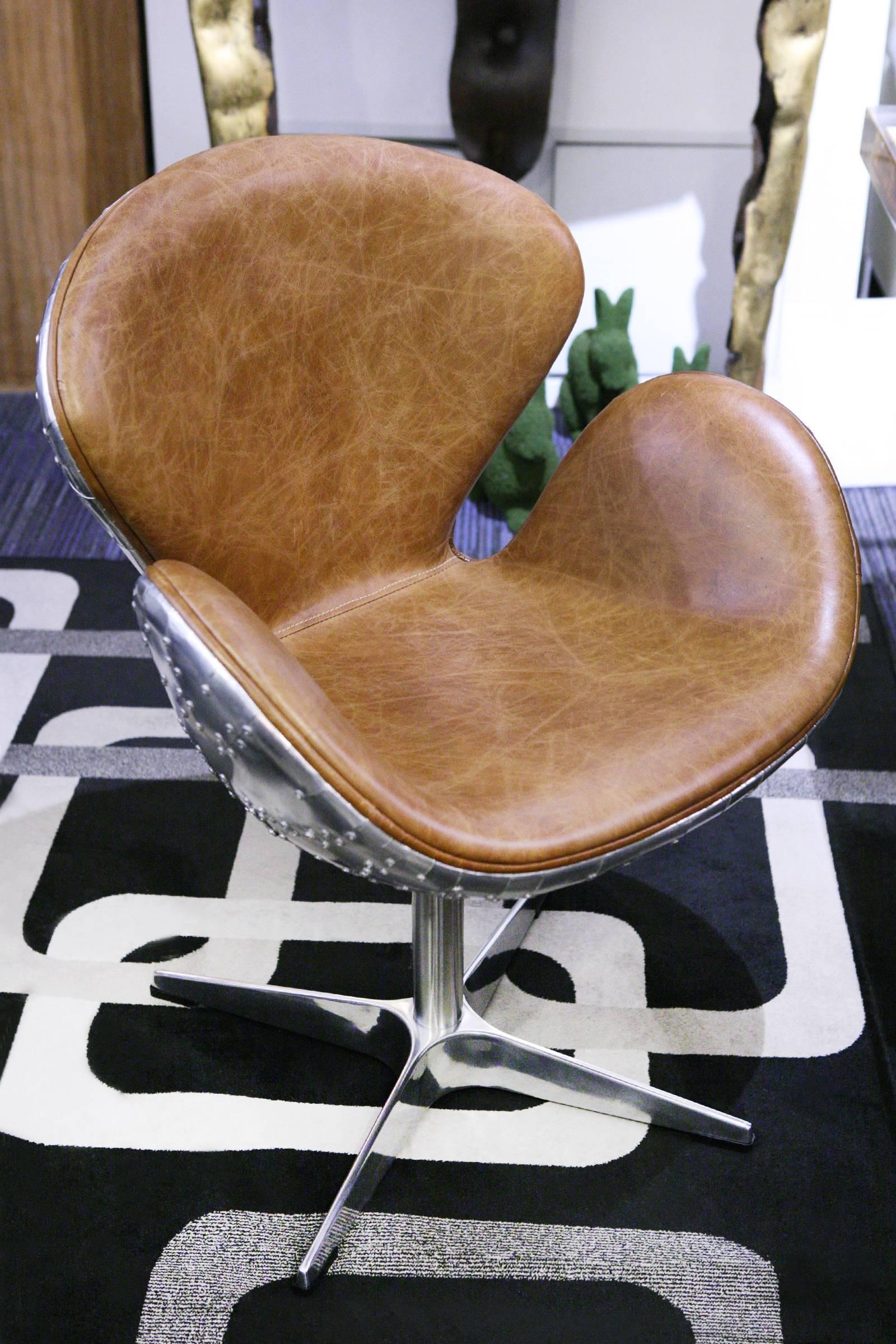Italian Number 5 Brown Medium Desk Armchair Swivel in Riveted Aluminium and Leather
