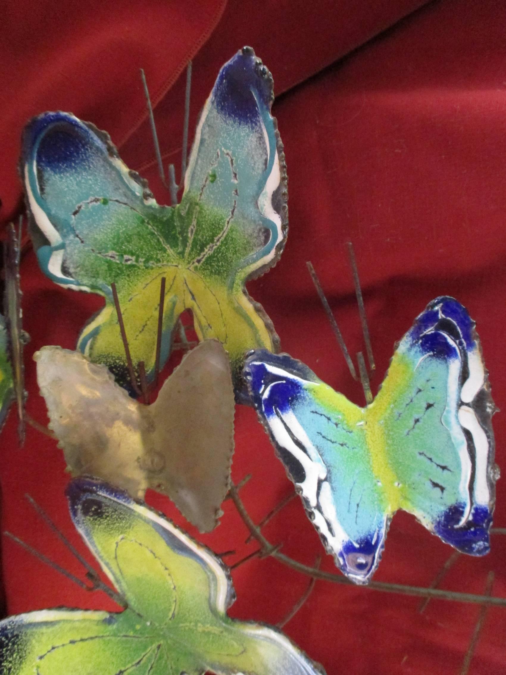 Mid-Century Modern Curtis Jere 1969, Enameled Sculpture, Nine Butterflies, Signed and Dated For Sale