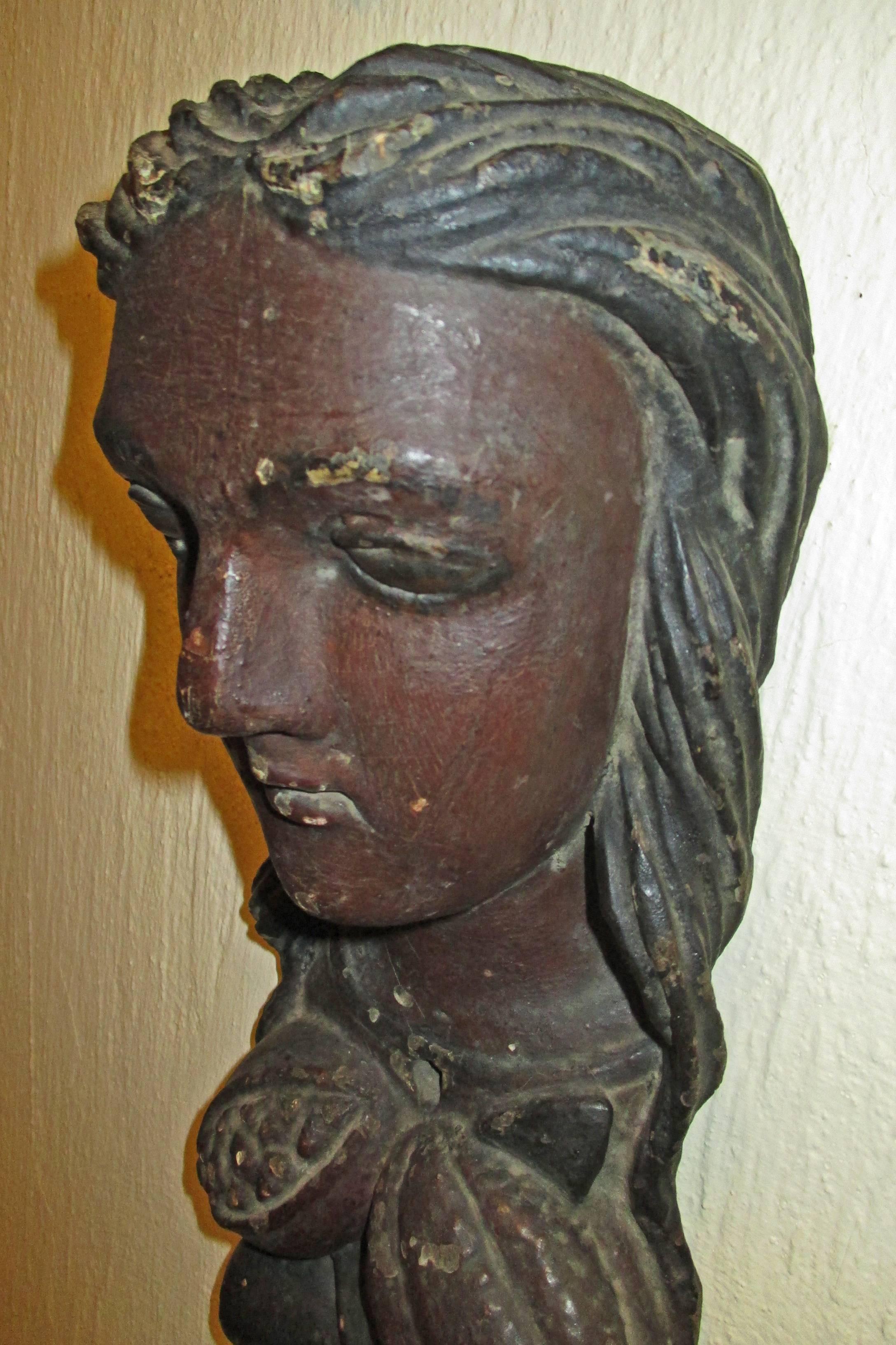 American 19th Century Folk Art Carving of a Female with Cocoa Pods and Fruit For Sale