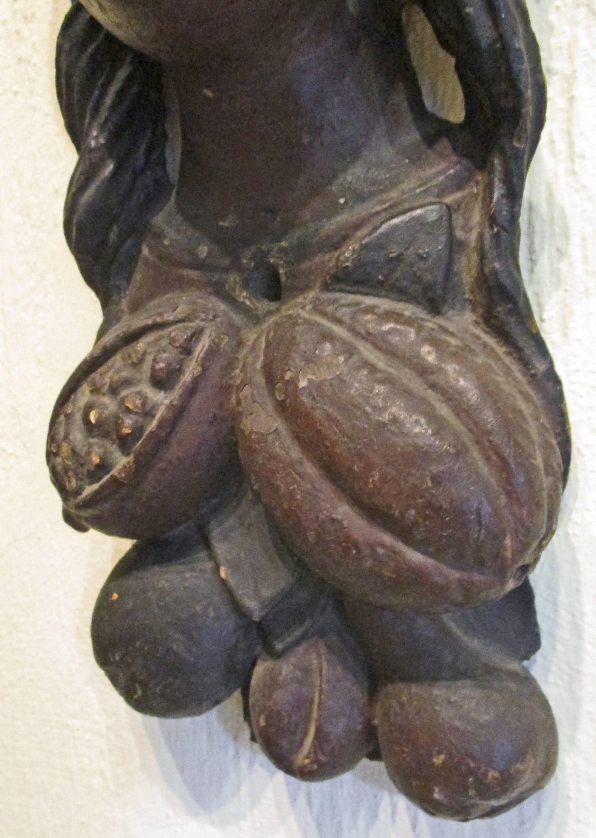 Carved 19th Century Folk Art Carving of a Female with Cocoa Pods and Fruit For Sale