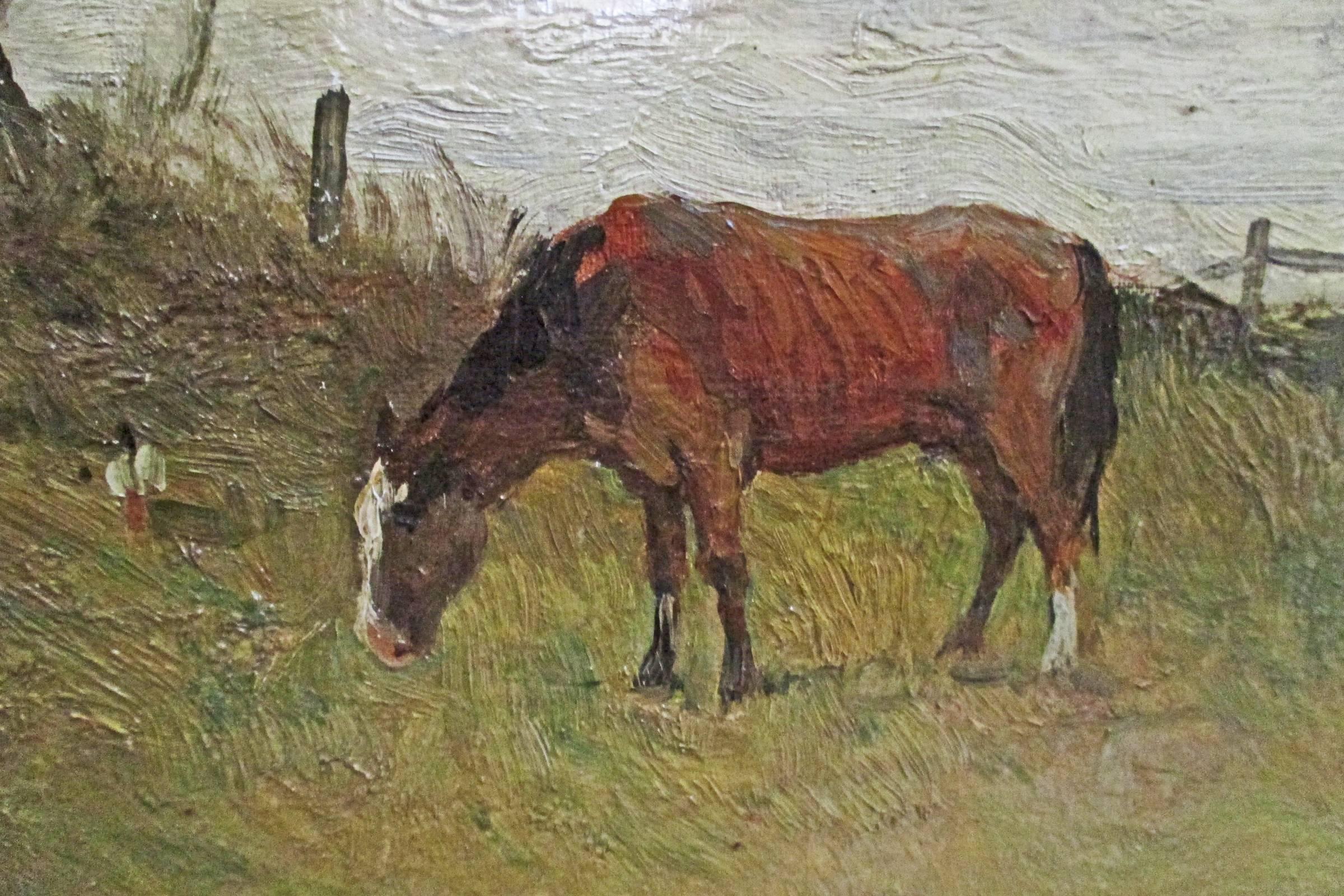 American Chas. P. Gruppe Oil Painting of Grazing Horse in Pasture, Signed For Sale