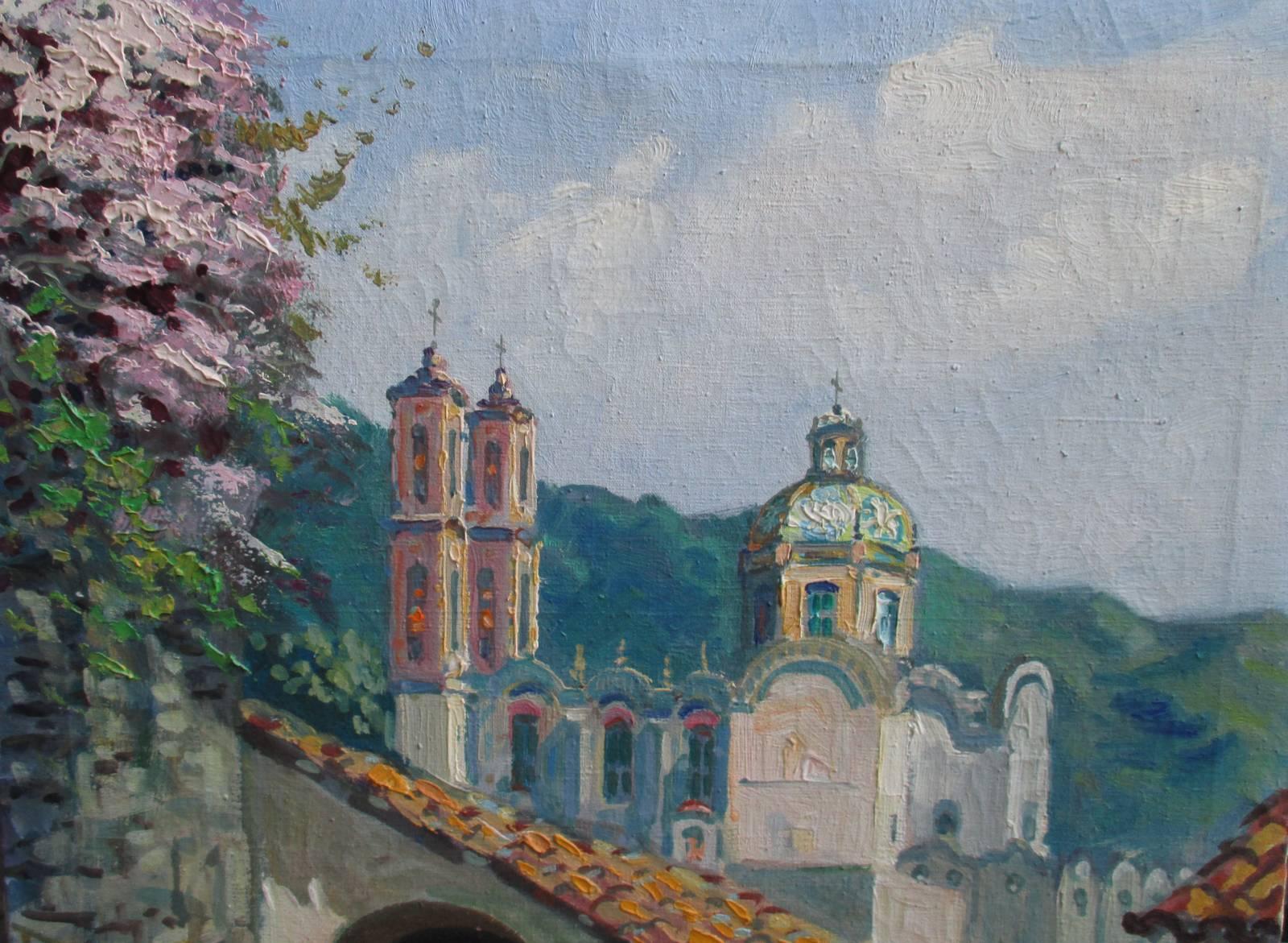 Canvas Oil of the Church of Santa Prisca in Taxco, Mexico, 1930s, Signed MAYA For Sale