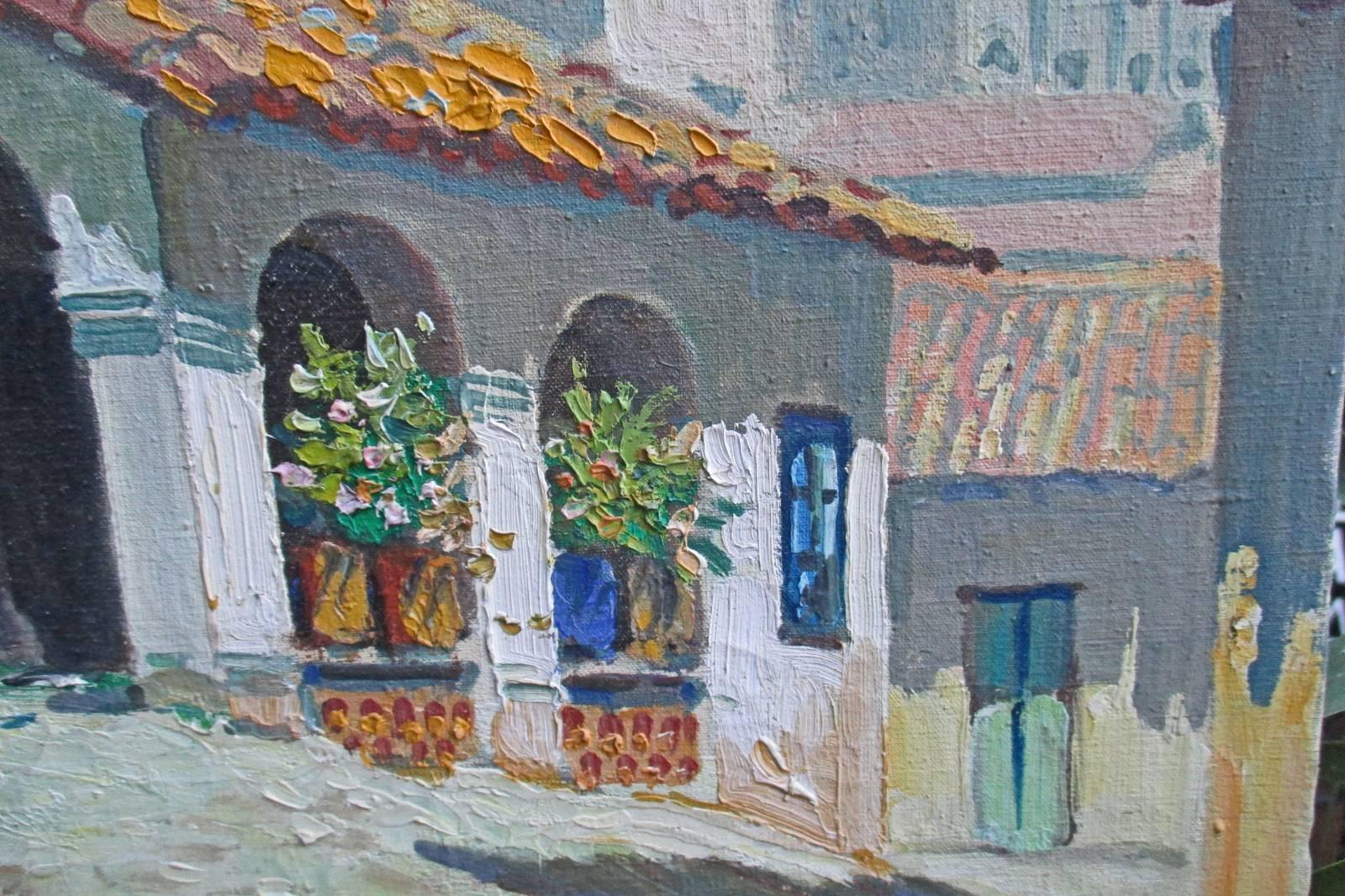 20th Century Oil of the Church of Santa Prisca in Taxco, Mexico, 1930s, Signed MAYA For Sale
