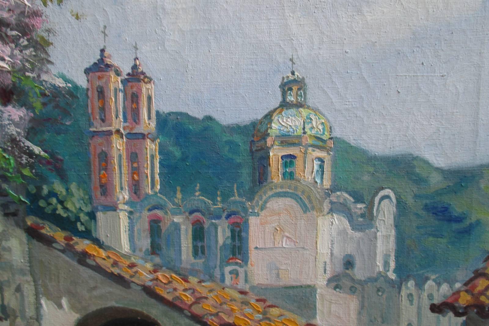 Mexican Oil of the Church of Santa Prisca in Taxco, Mexico, 1930s, Signed MAYA For Sale