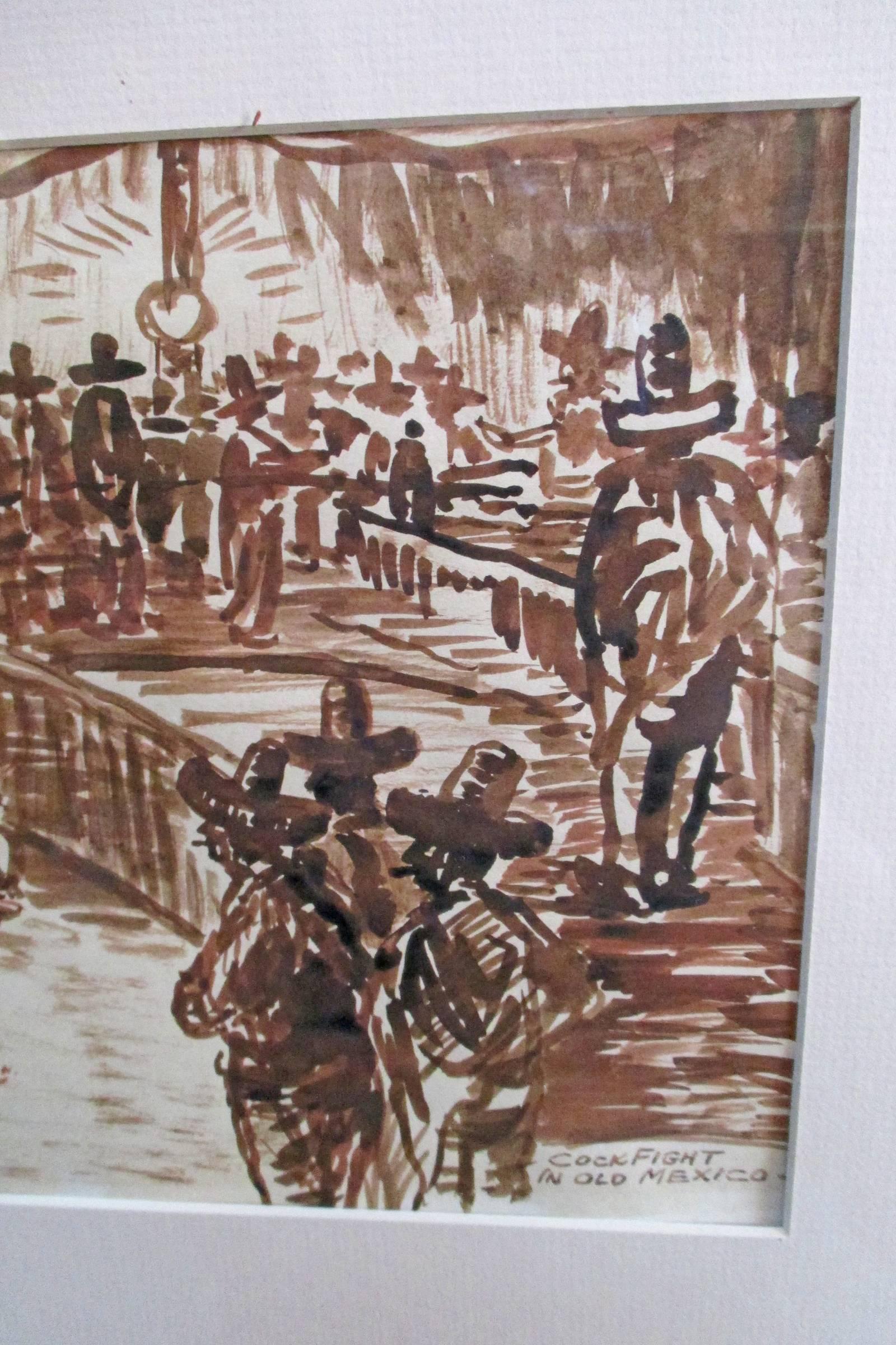 Mexican Gouache of Cockfight, George Frederick, 1938, Signed, Dated For Sale 1