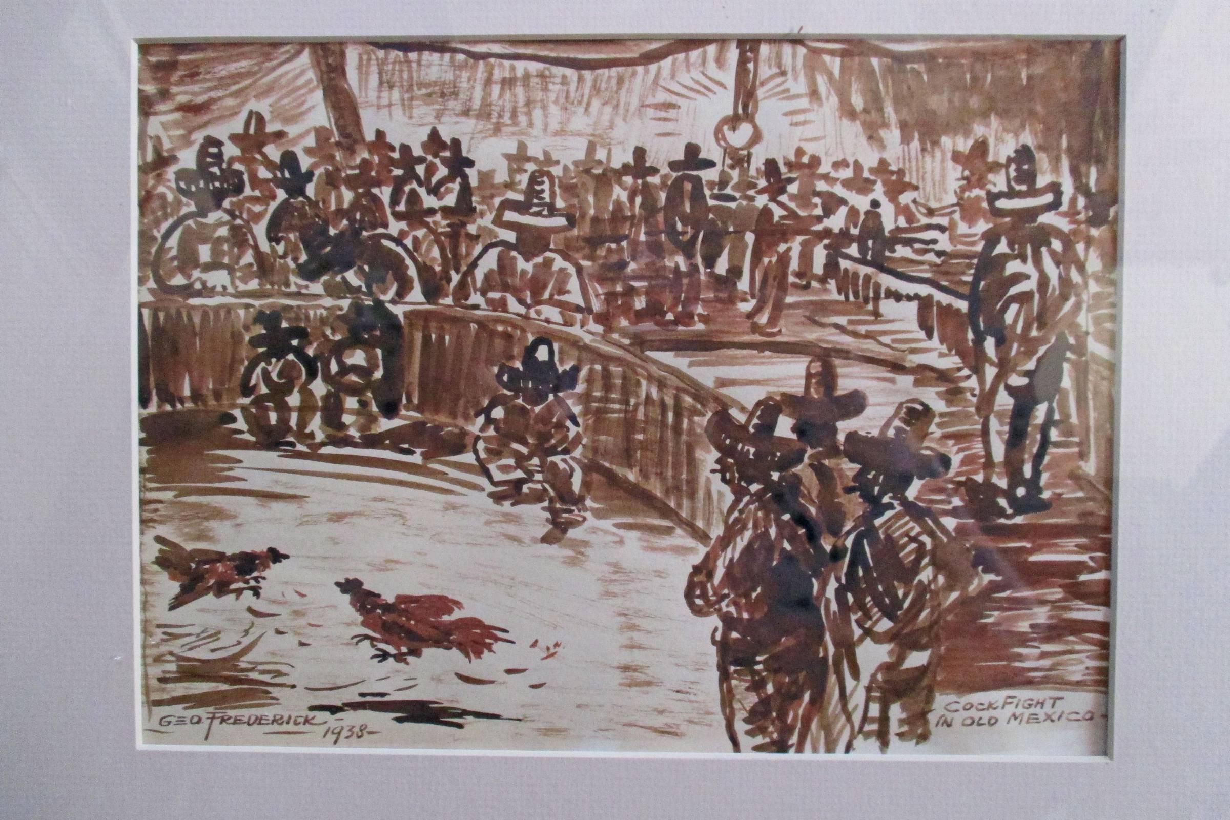 Mid-20th Century Mexican Gouache of Cockfight, George Frederick, 1938, Signed, Dated For Sale