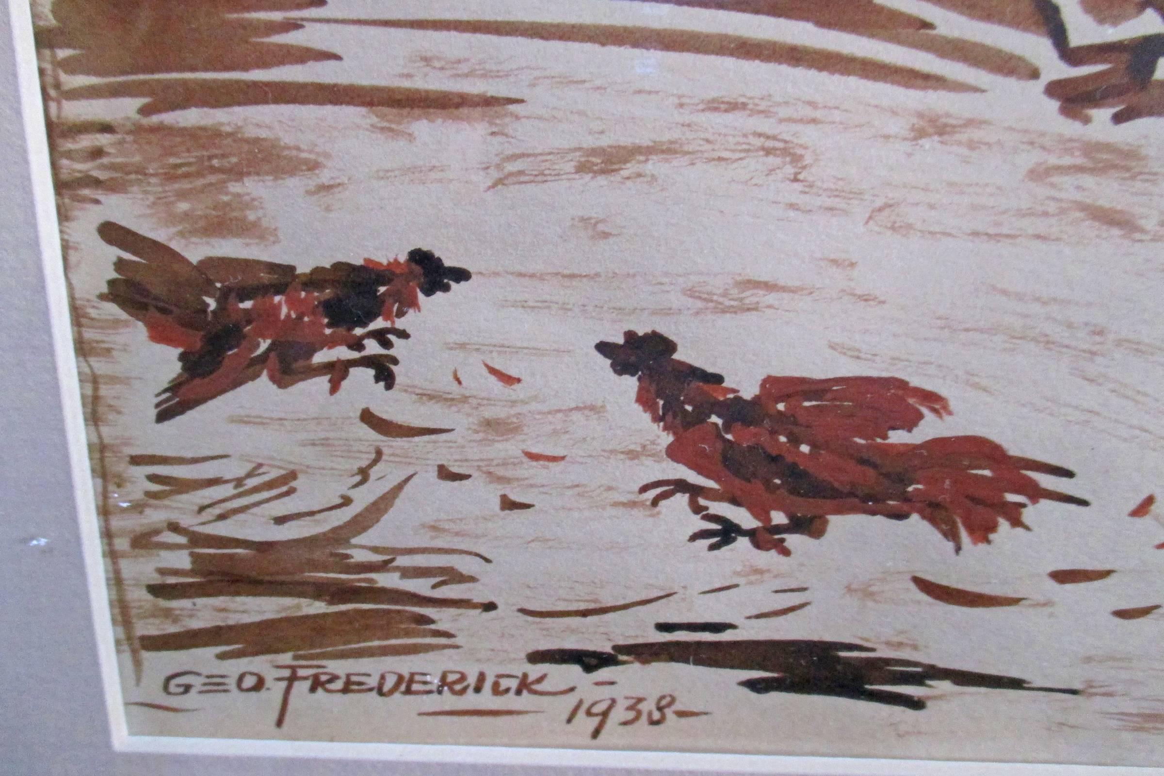 Mexican Gouache of Cockfight, George Frederick, 1938, Signed, Dated For Sale 2