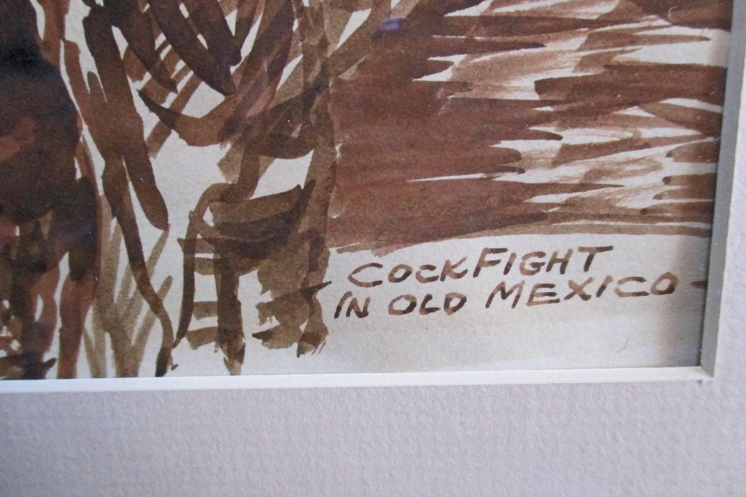 Mexican Gouache of Cockfight, George Frederick, 1938, Signed, Dated For Sale 3