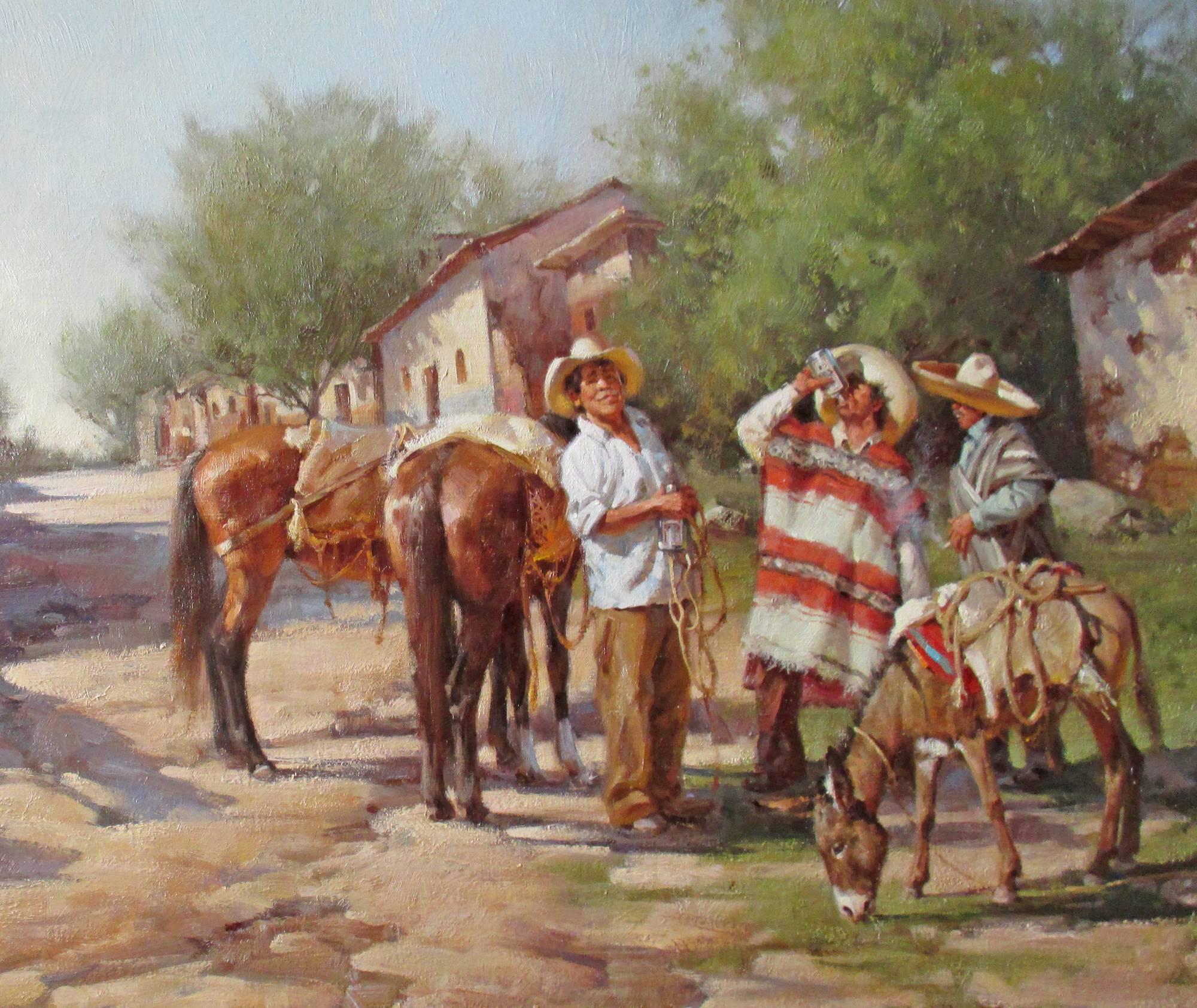 What a wonderful genre painting, capturing the small town lifestyle along the northern border of Mexico .. the artist is from New Mexico and apparently wandered across the border one morning to capture this little bit of 