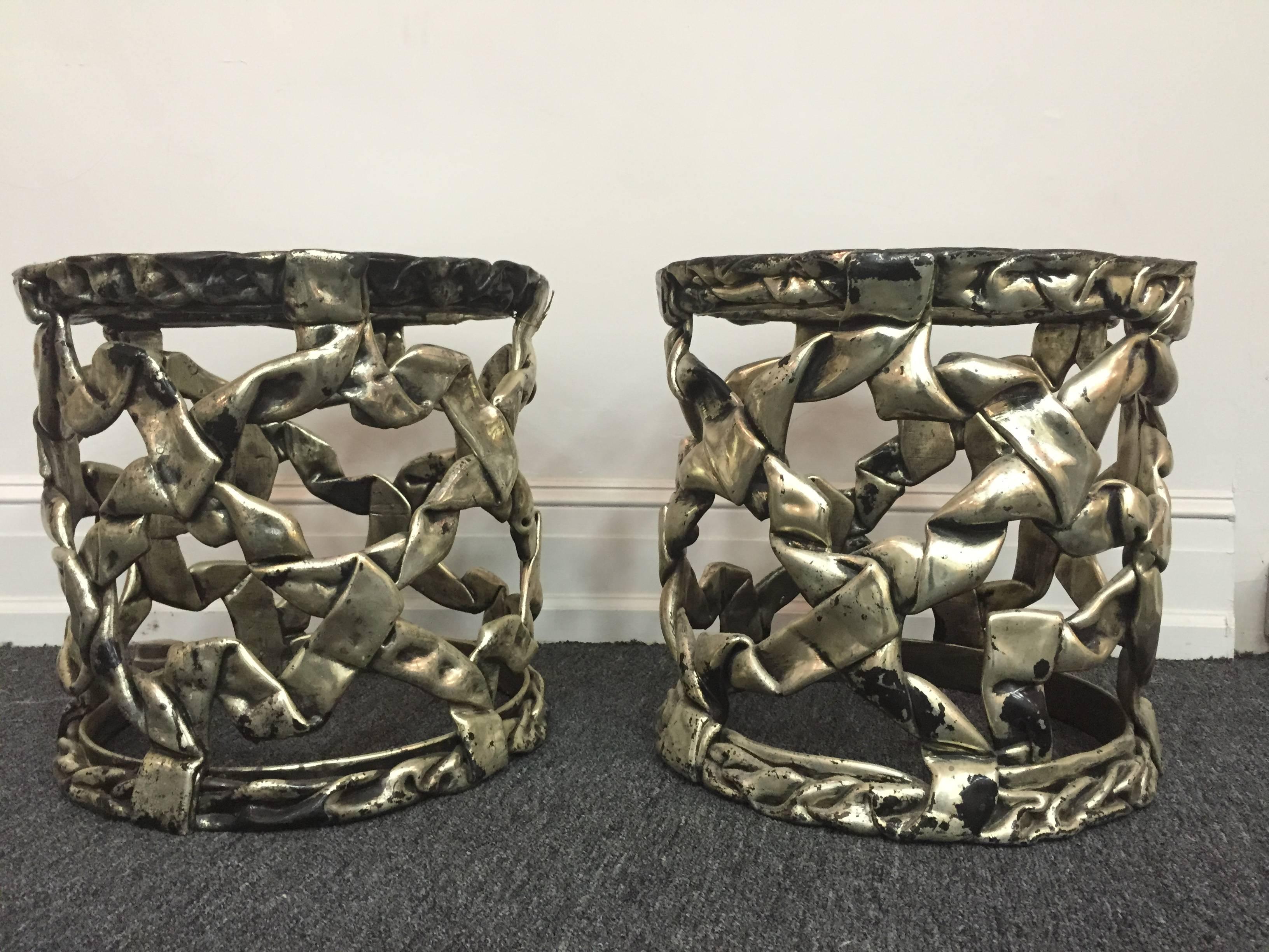 American  Fantastic Pair of 1970's Tony Duquette Style Silvered Drum Tables For Sale