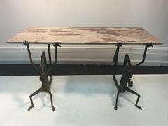 Terrific Giacometti Style Female Dragon Table with Swirl Marble Top, circa 1950