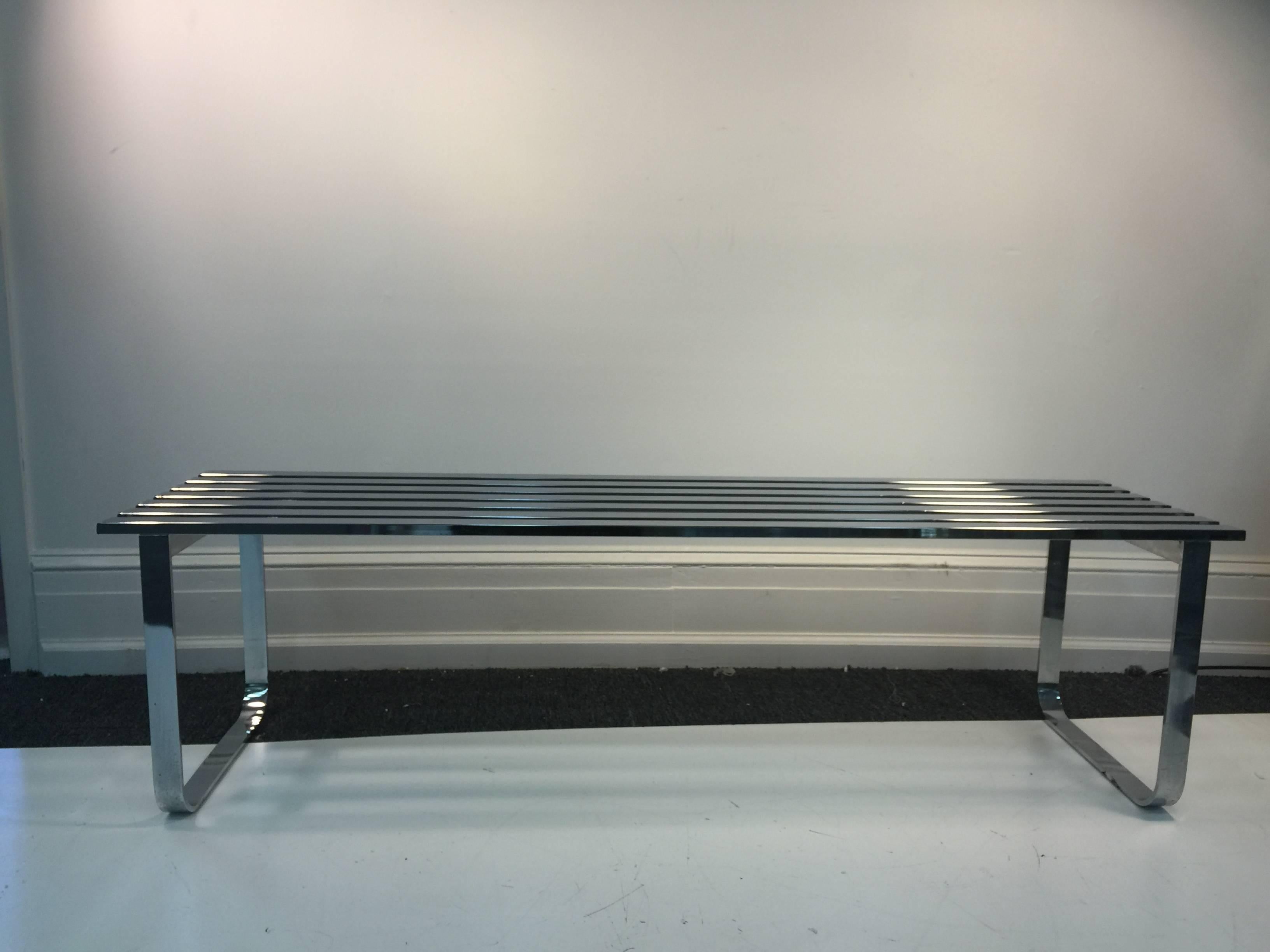 Magnificent Modern Milo Baughman Slatted Bench in Chromed Steel, circa 1970 In Good Condition In Mount Penn, PA