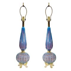 Beautiful Pair of Barovier 
Toso Footed Blue Murano Glass Table Lamps