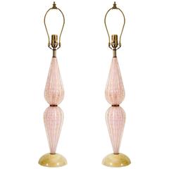 Pretty Pair of Light Pink Murano Glass Table Lamps with Bullicante Inclusions
