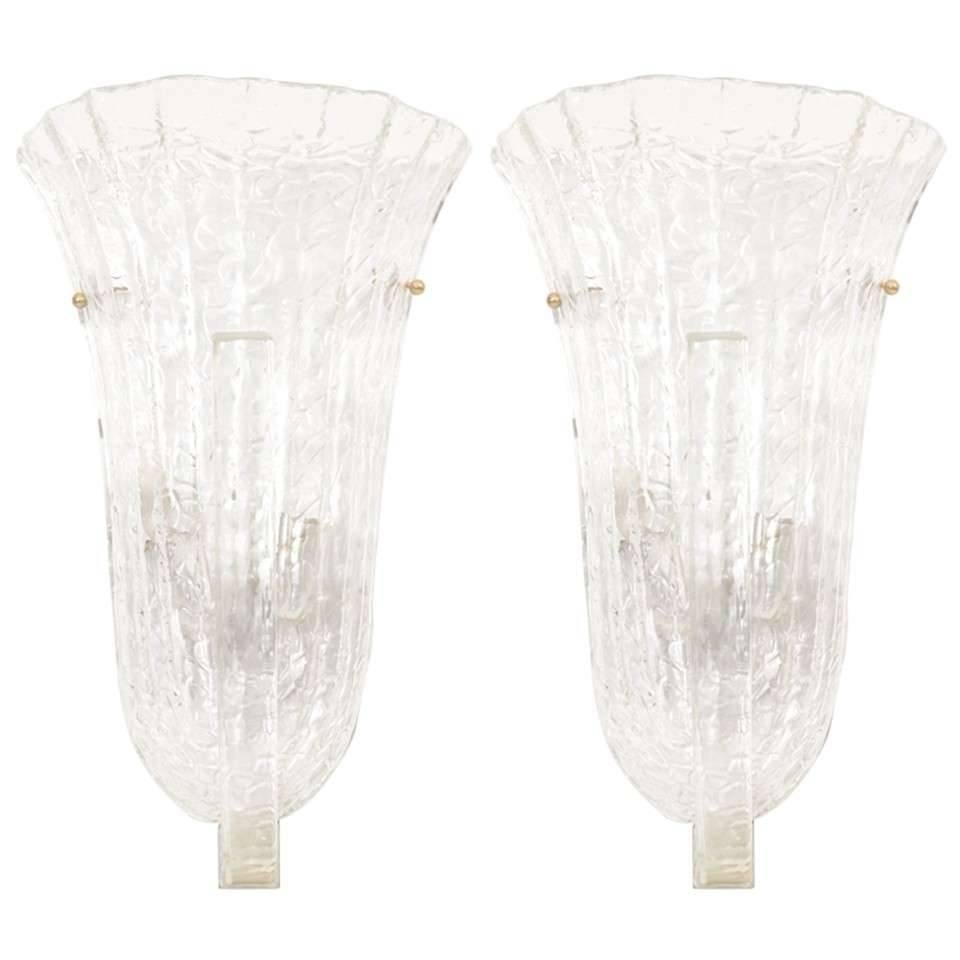 Incredible Pair of Venini Murano Ice Glass Italian Wall Sconces For Sale