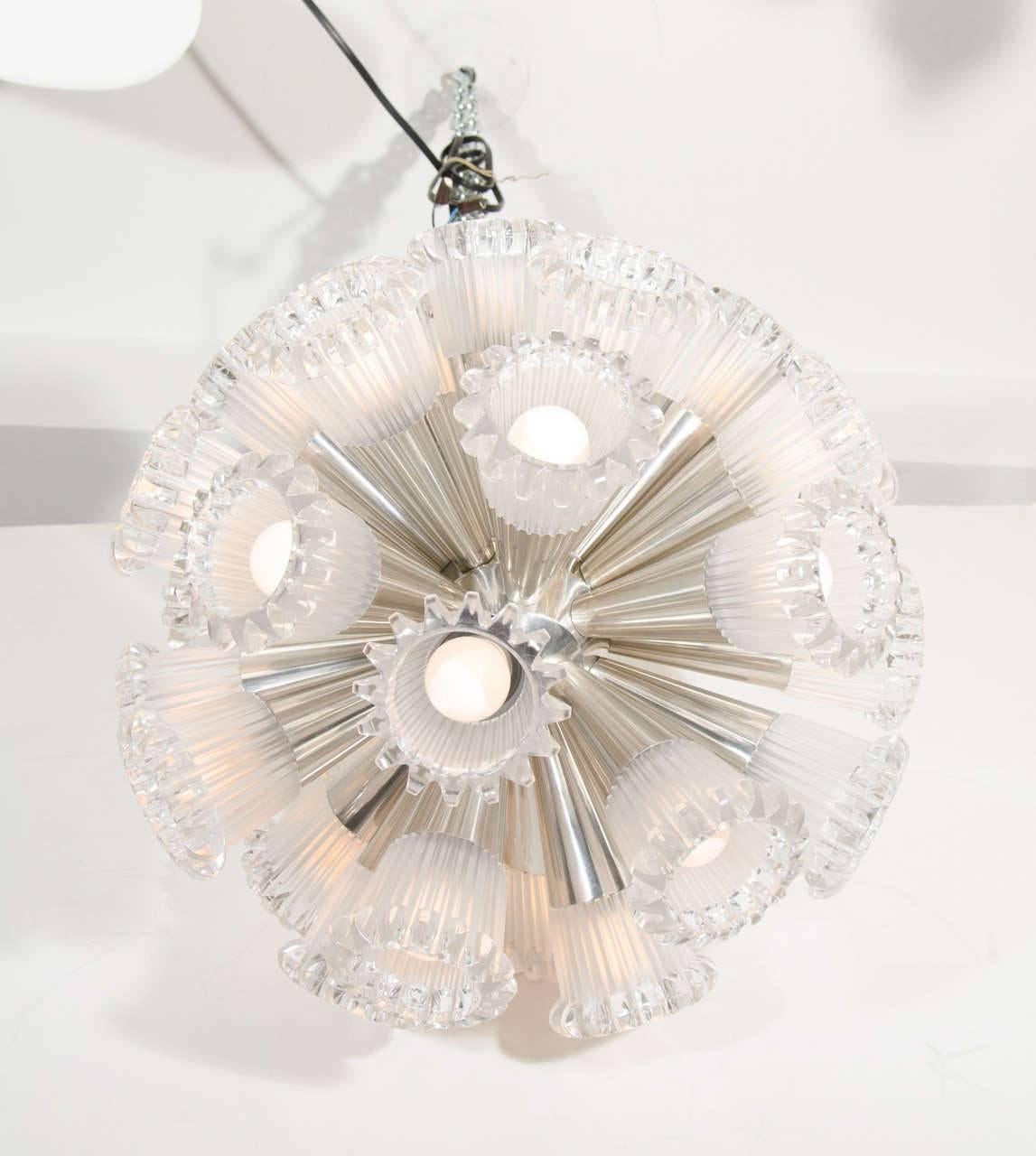 A super Italian sputnik chandelier in chrome with frosted and clear Murano glass flowers.

            