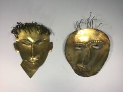 Terrific Brass Male Masks or Face Wall Sculptures in the Manner of Hagenauer